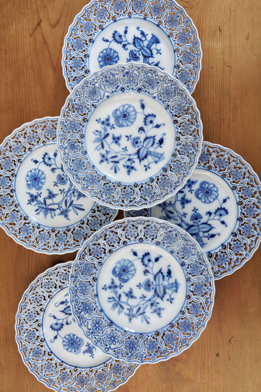 SET of 6 Meissen Teichert Reticulated Meissen Blue Onion Plates (c. 1883)
