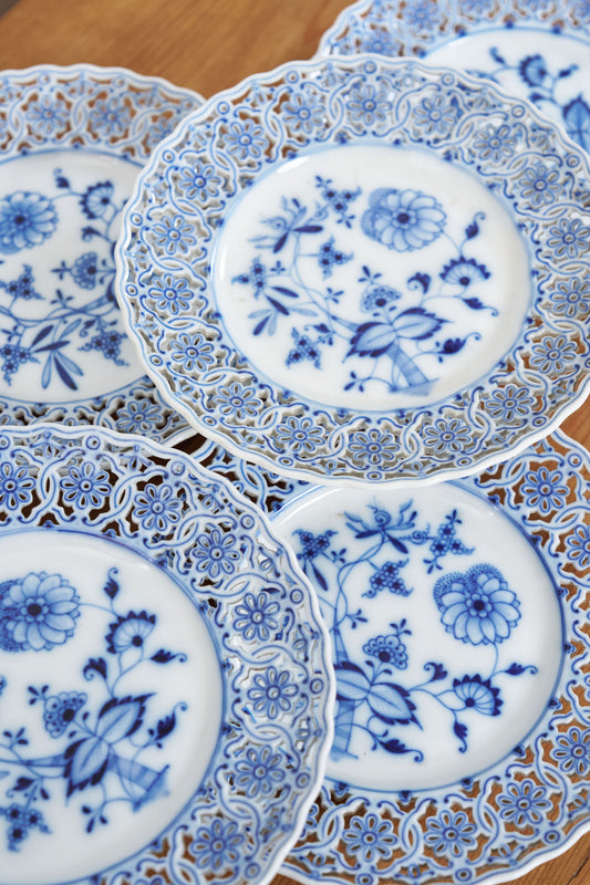 SET of 6 Meissen Teichert Reticulated Meissen Blue Onion Plates (c. 1883)