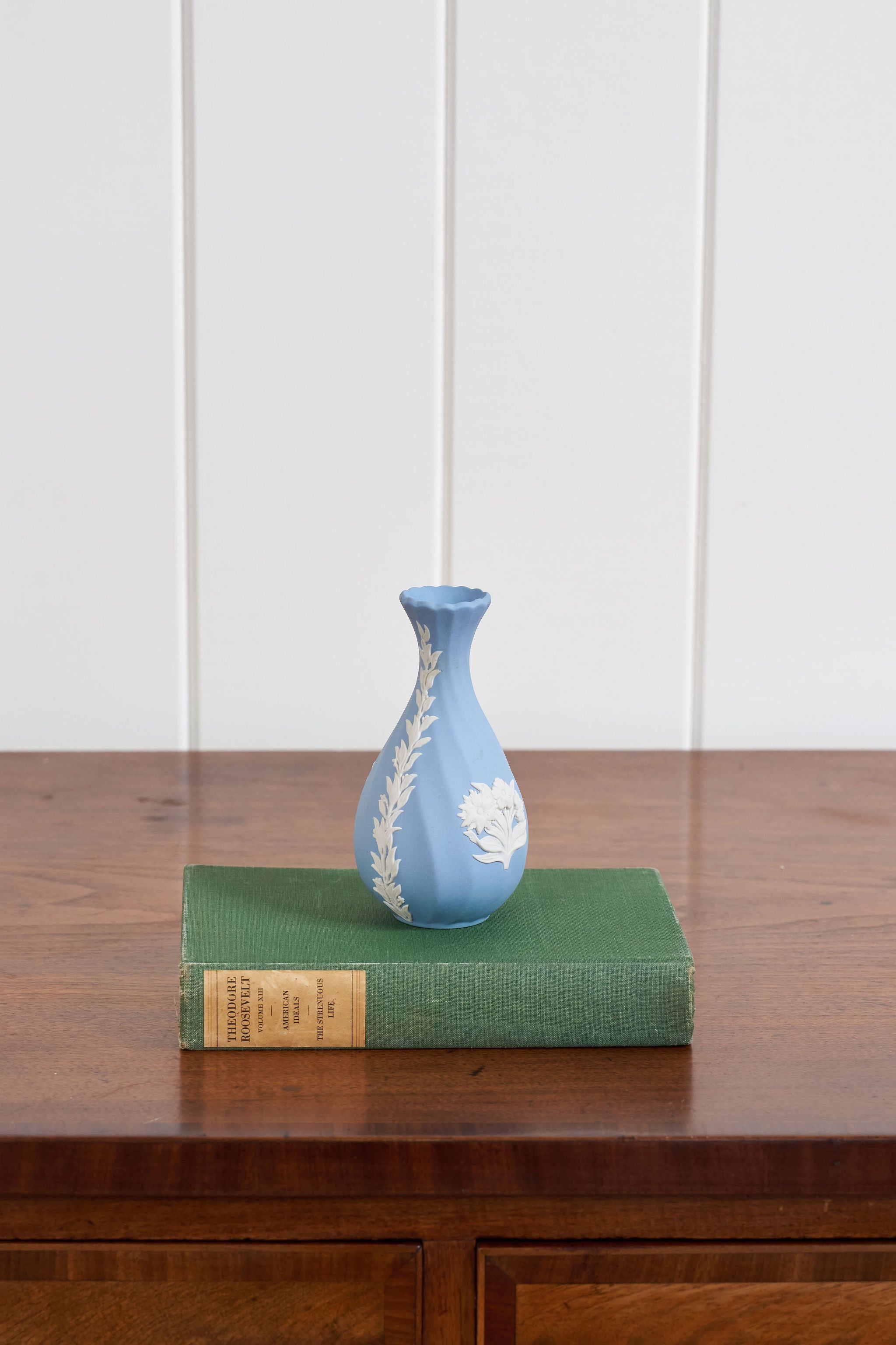 Wedgwood Blue Jasperware Bud Vase with Flower Motif