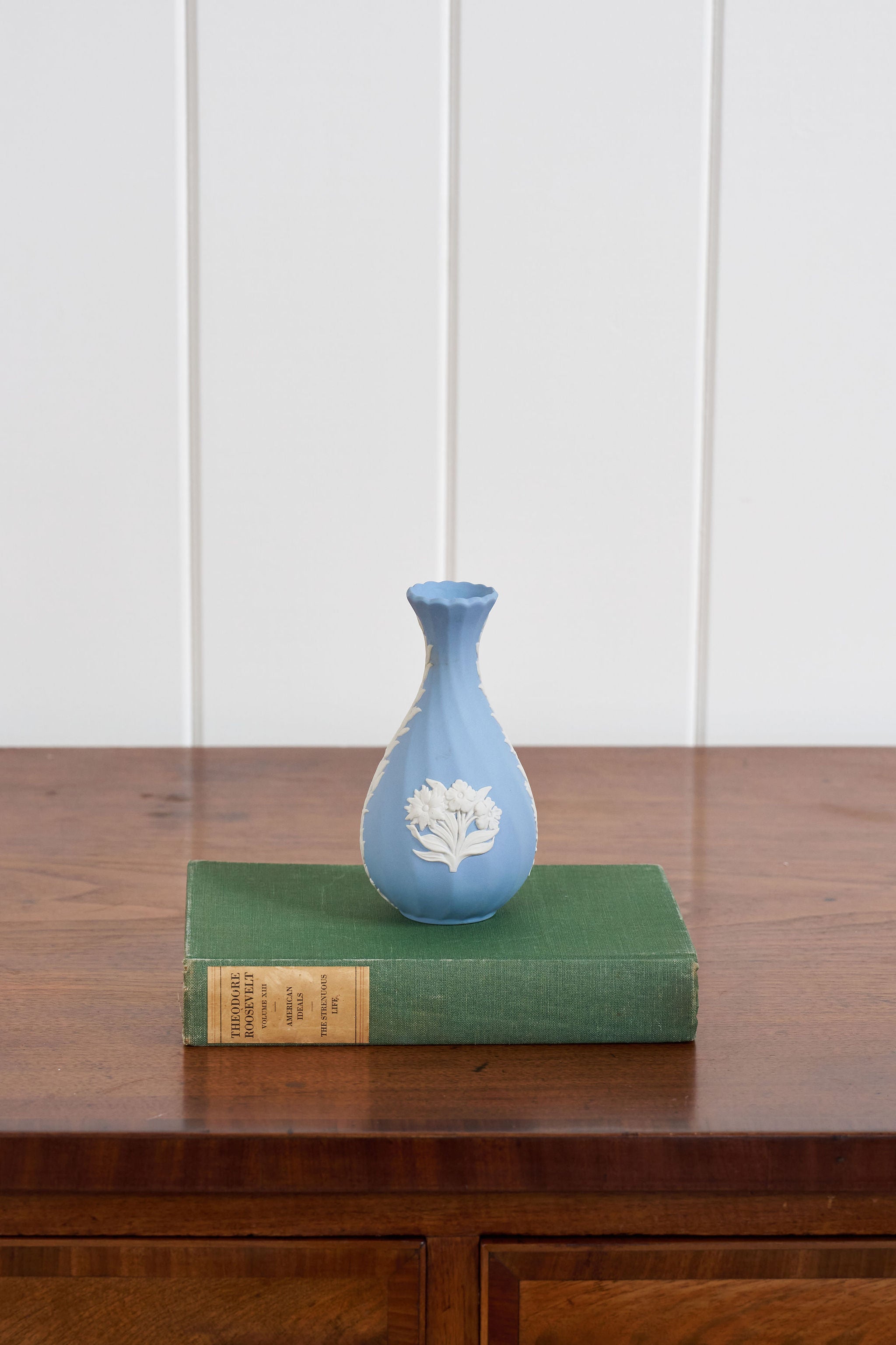 Wedgwood Blue Jasperware Bud Vase with Flower Motif