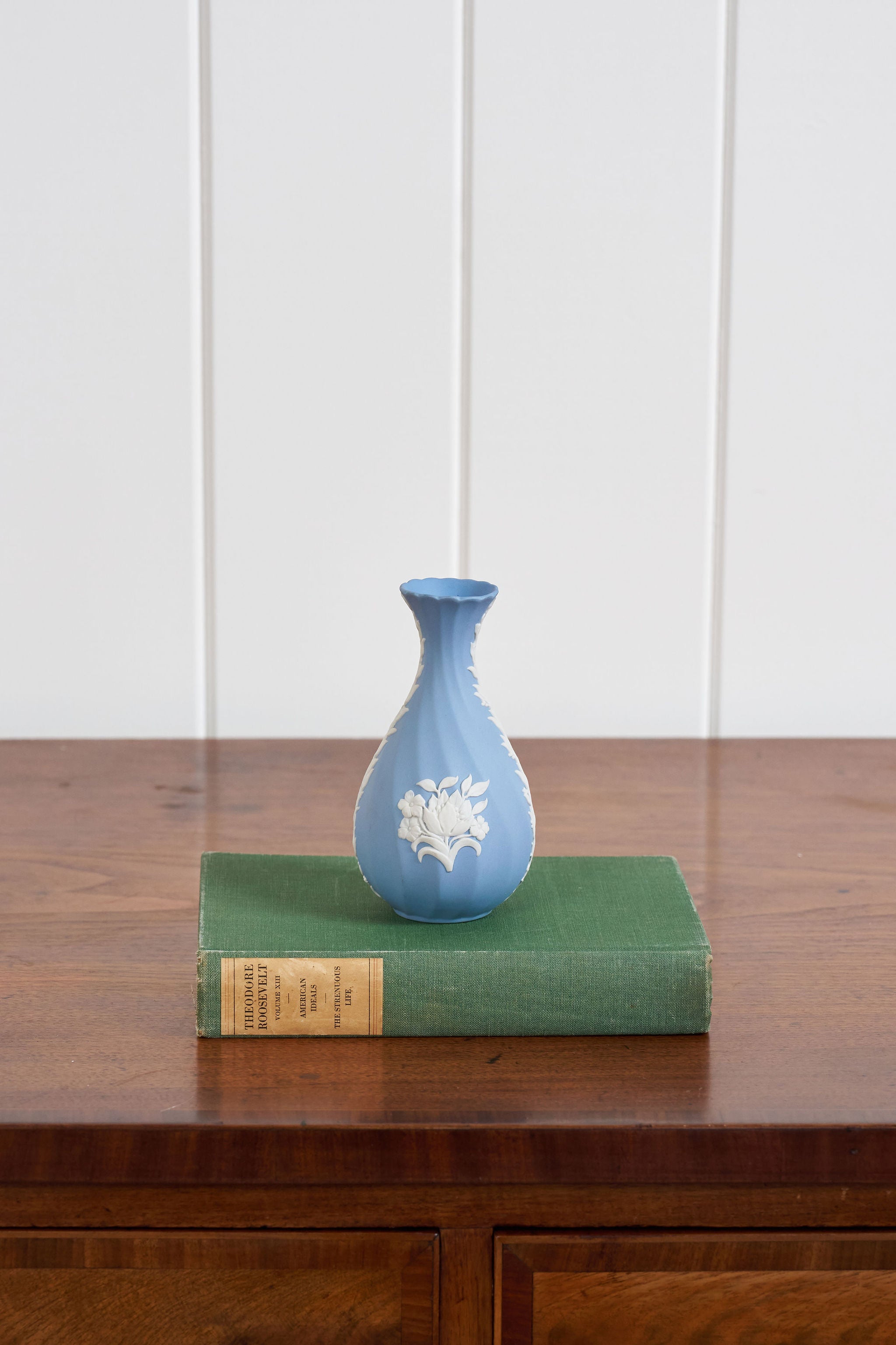 Wedgwood Blue Jasperware Bud Vase with Flower Motif