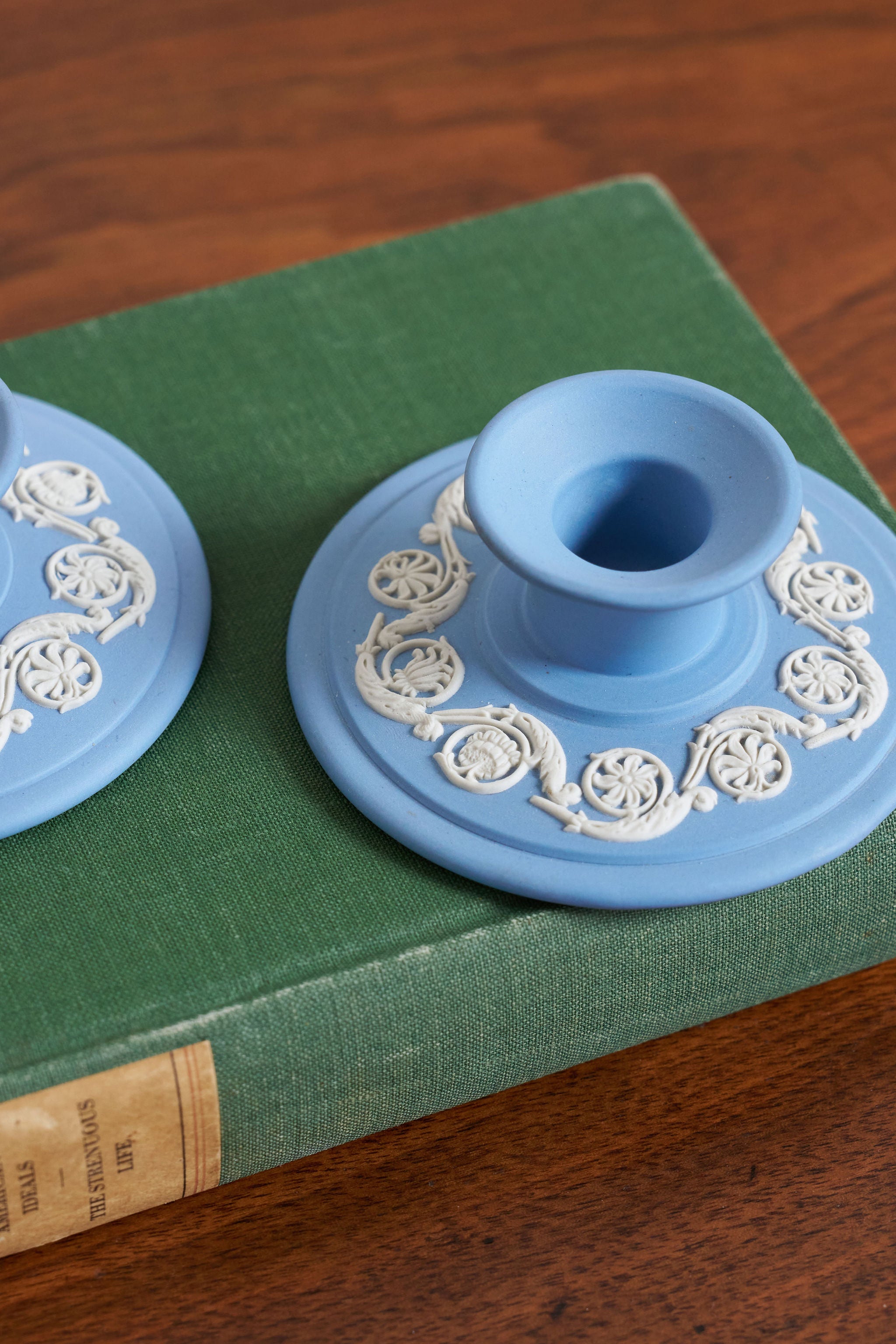 PAIR Vintage 1979 Wedgwood Blue Jasperware Candle Holders