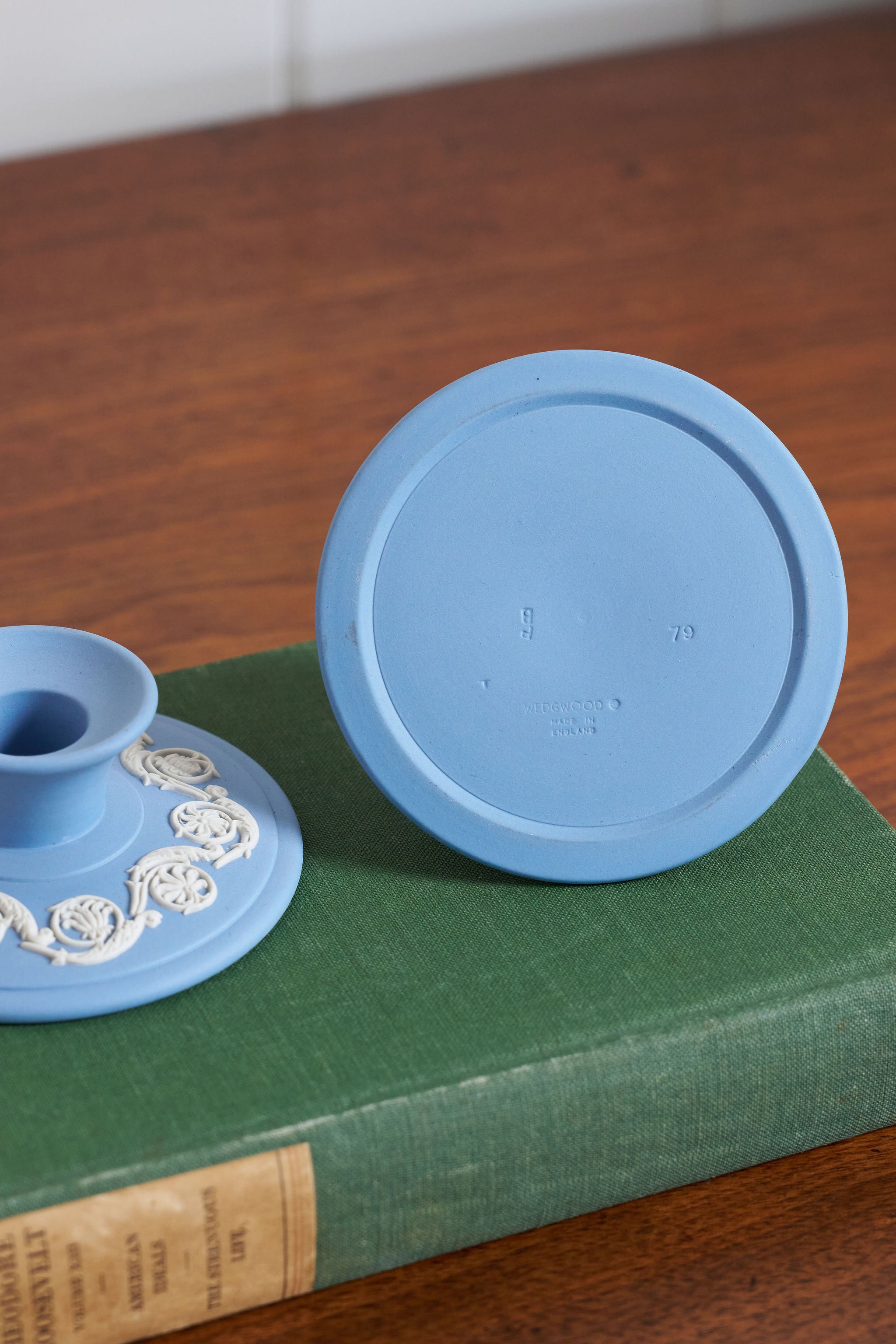 PAIR Vintage 1979 Wedgwood Blue Jasperware Candle Holders