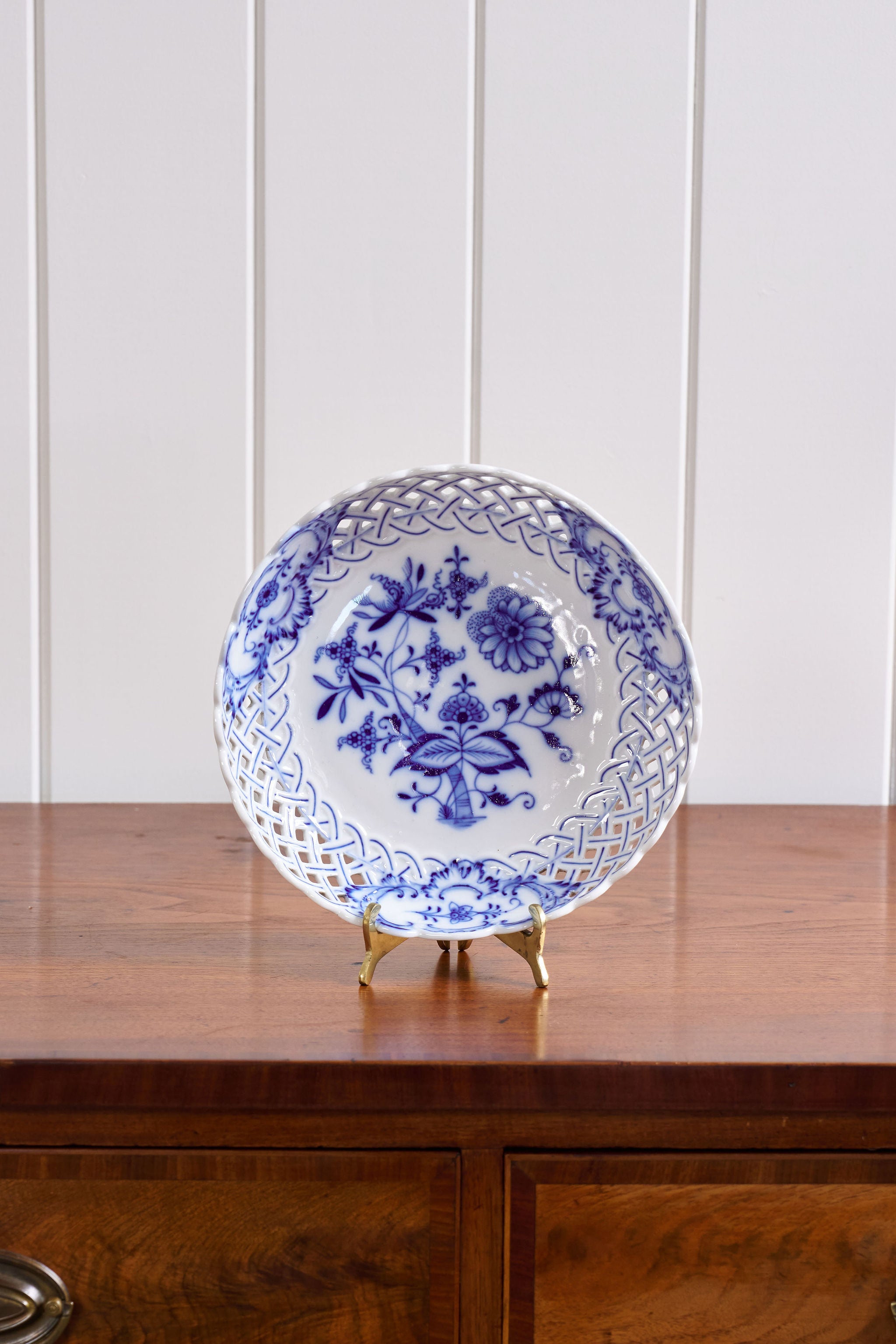 Carl Teichert Meissen Blue Onion Reticulated Shallow Bowl (c. 1875