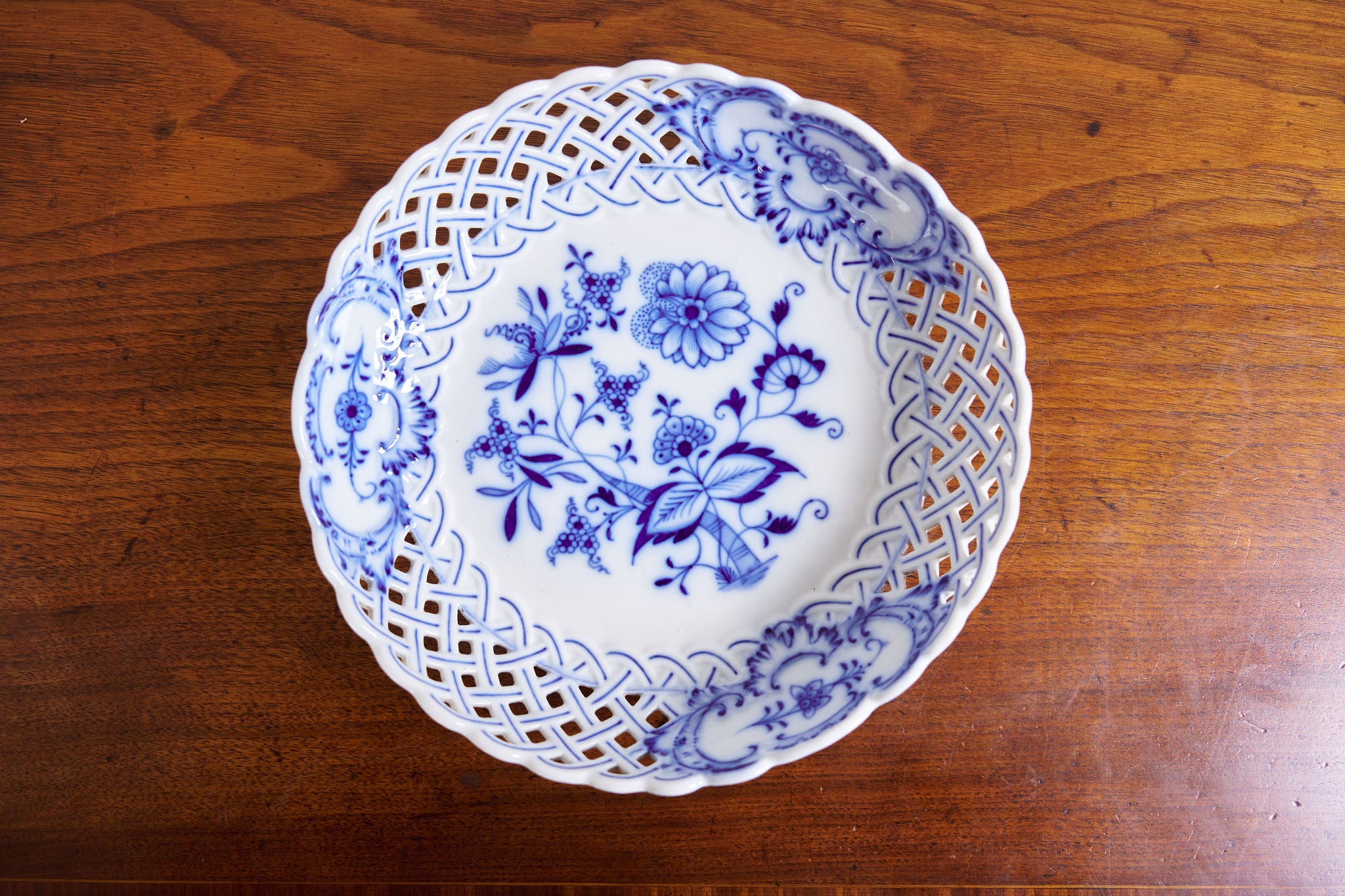 Carl Teichert Meissen Blue Onion Reticulated Shallow Bowl (c. 1875