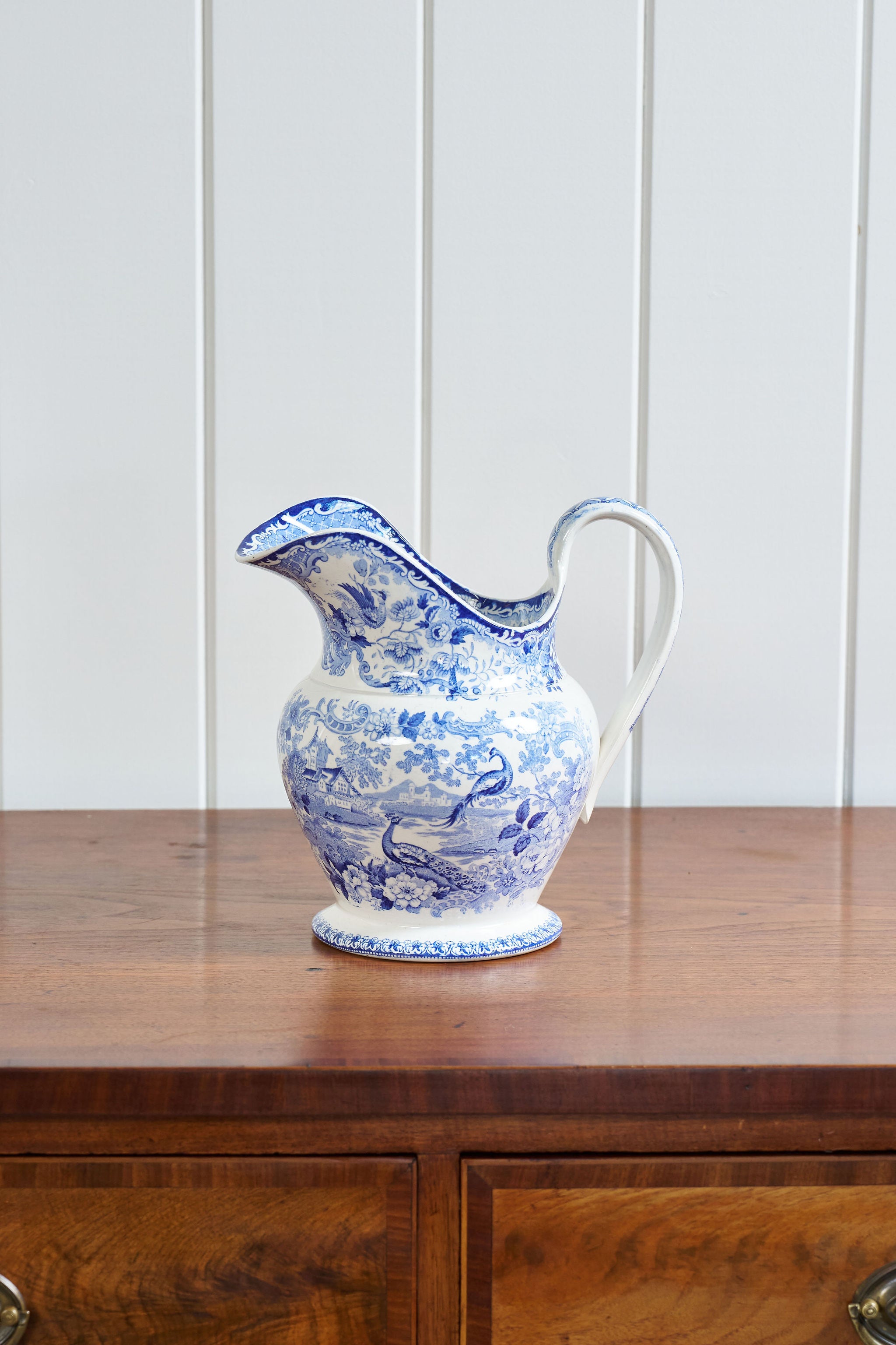 Antique English Transferware Blue + White Pitcher
