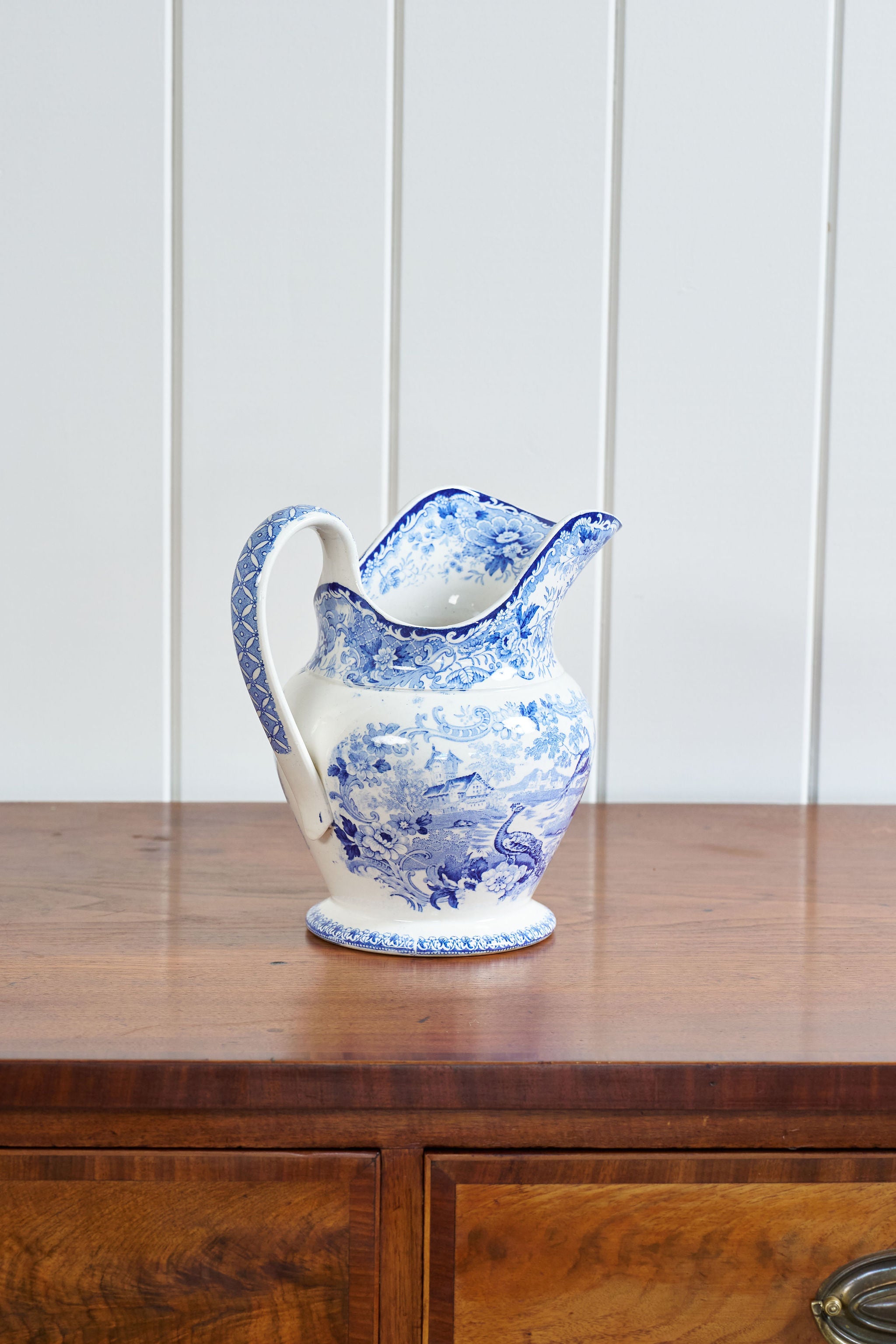 Antique English Transferware Blue + White Pitcher