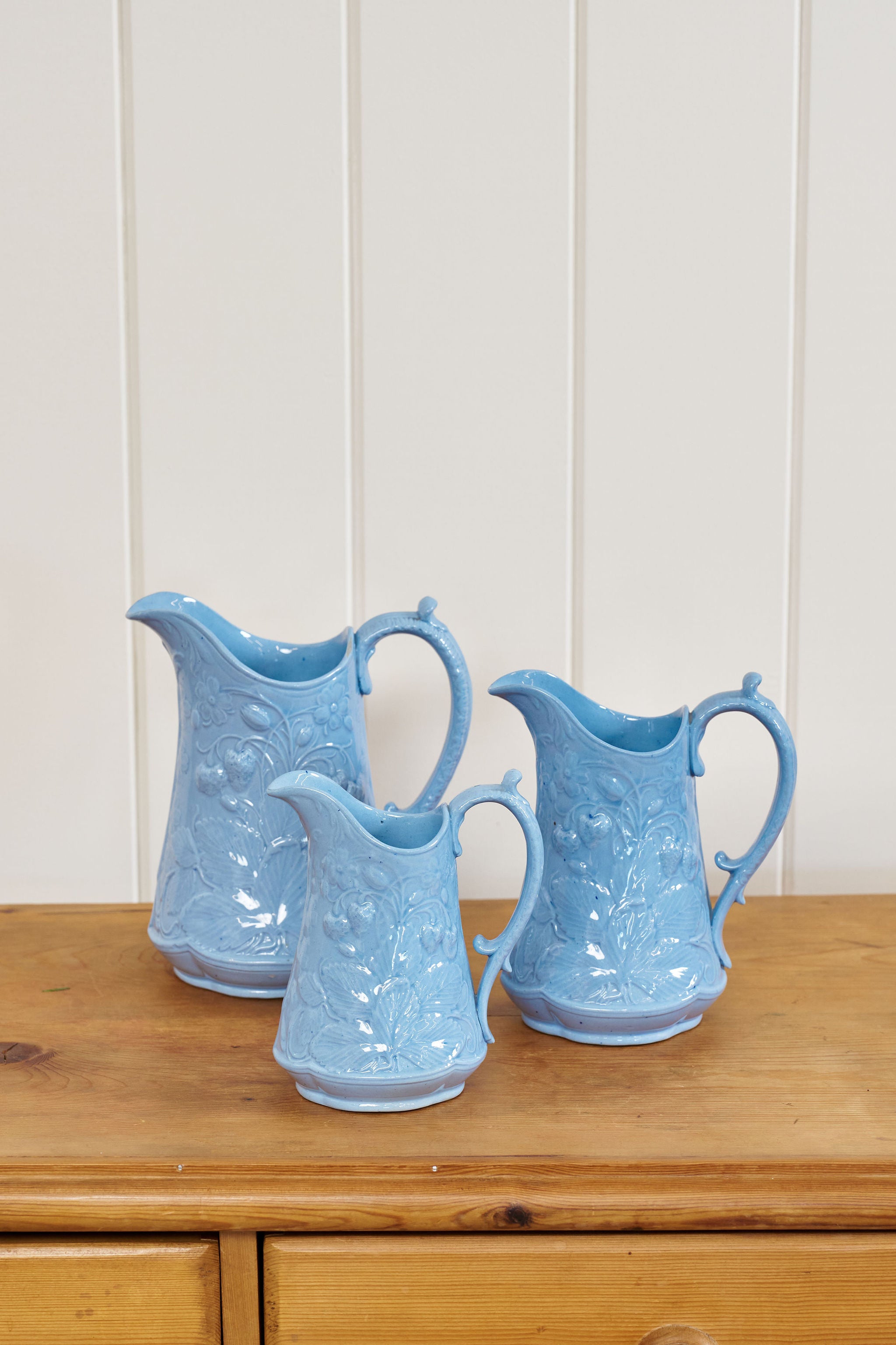 7” Victorian Blue Glazed Jasperware Jug with Strawberry Relief Motif