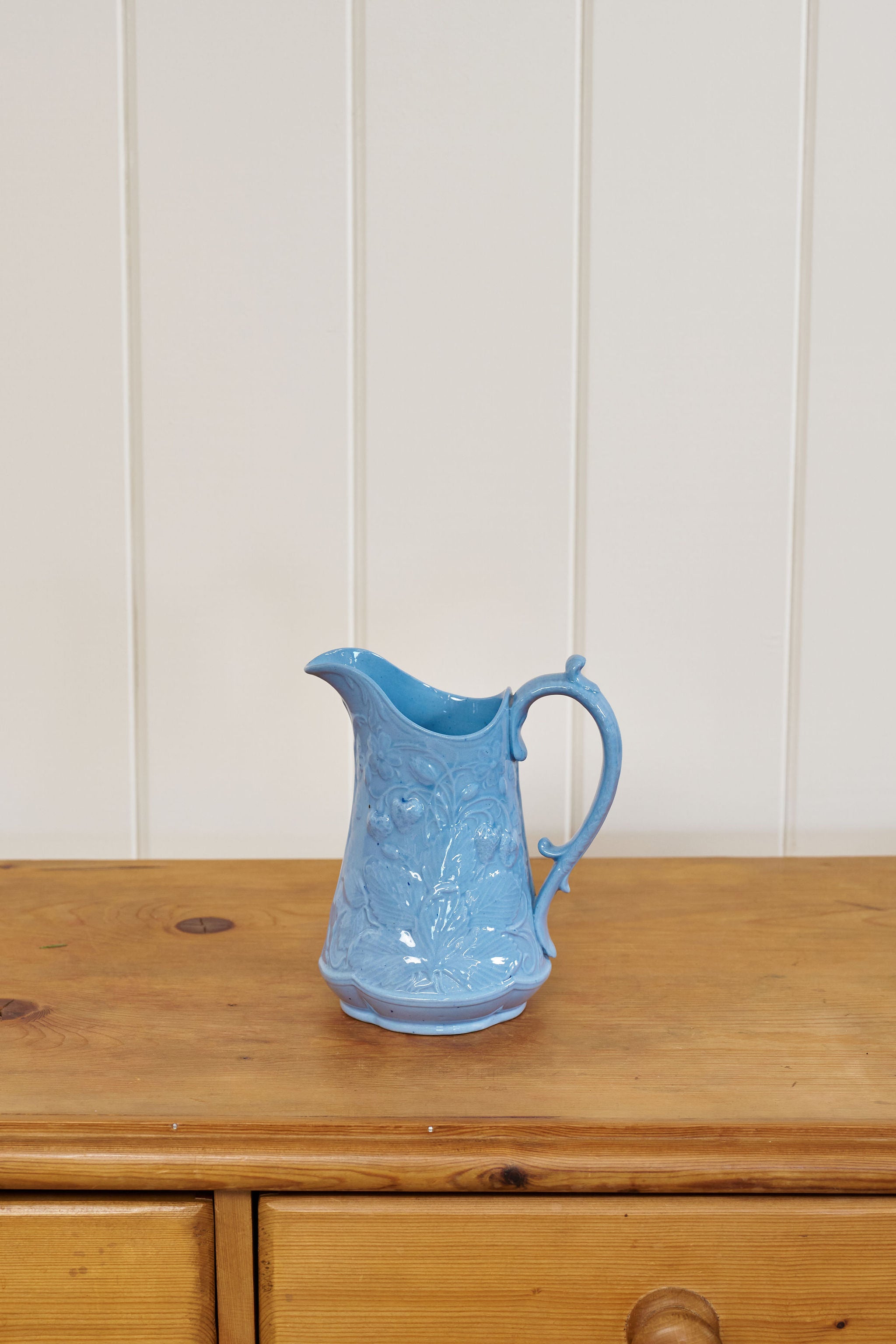 7” Victorian Blue Glazed Jasperware Jug with Strawberry Relief Motif