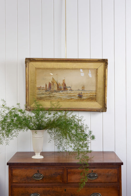Signed Boat Original Watercolor in Gilt Wood Frame