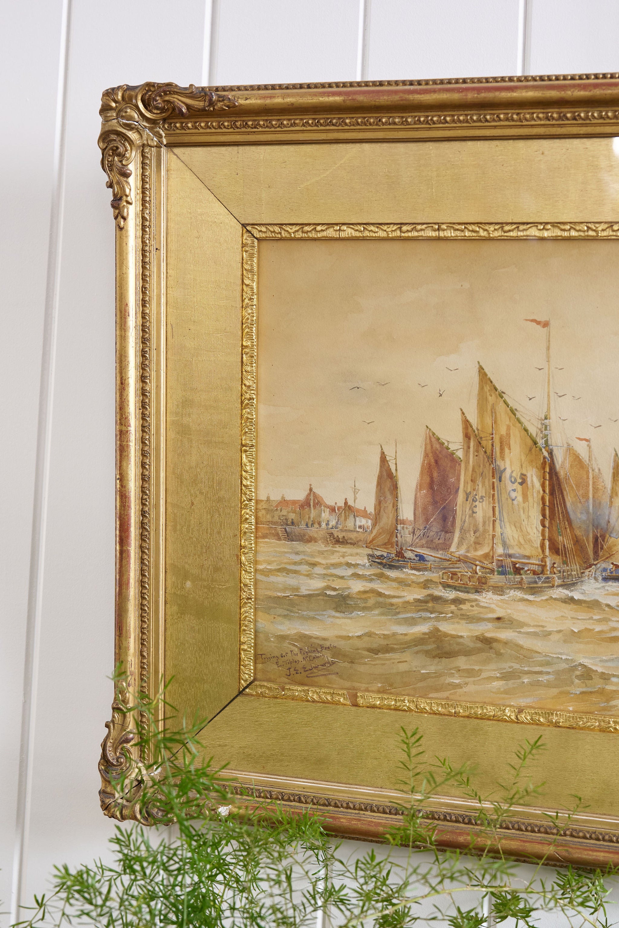 Signed Boat Original Watercolor in Gilt Wood Frame