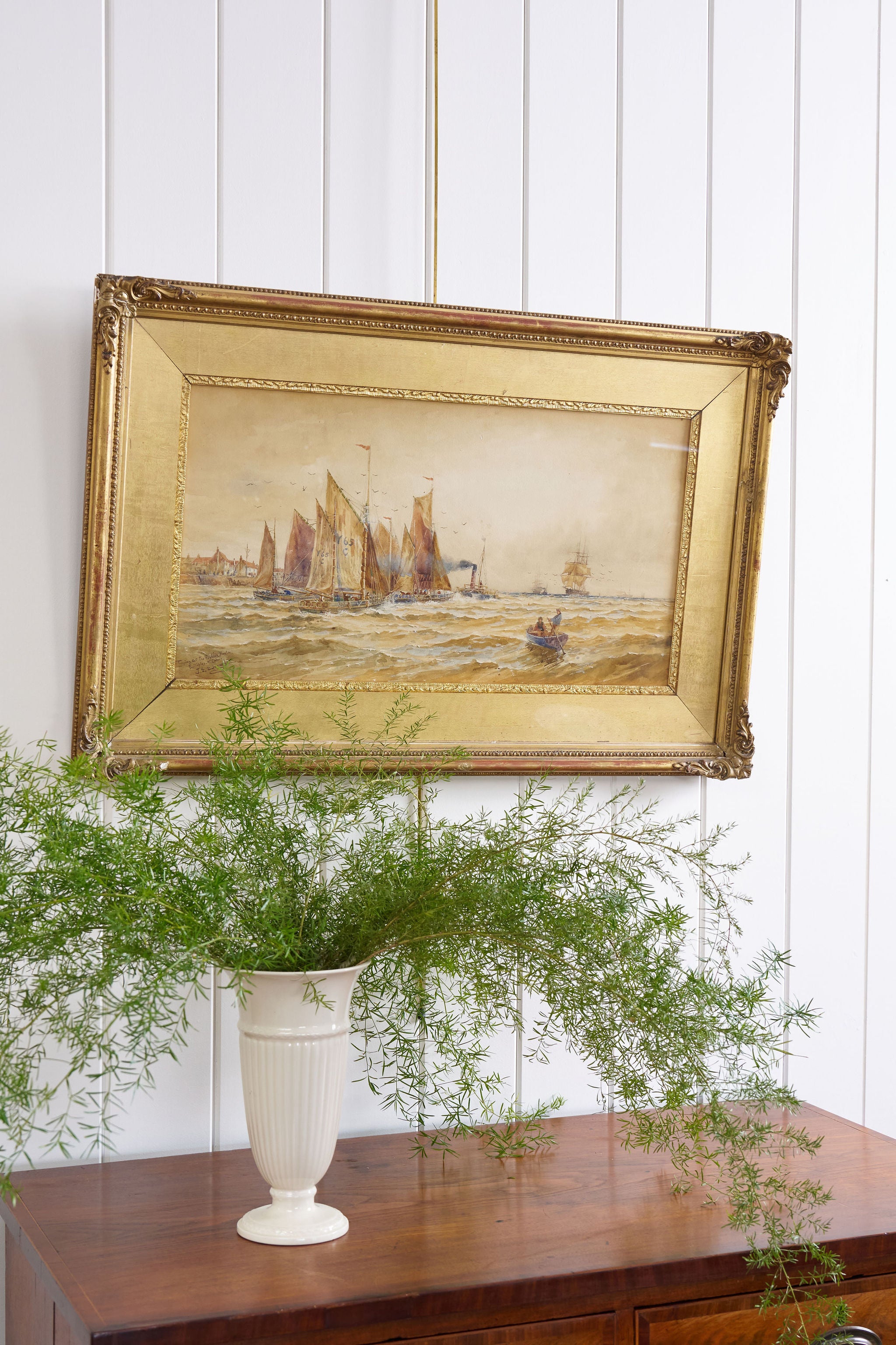 Signed Boat Original Watercolor in Gilt Wood Frame