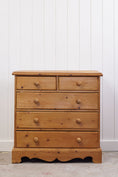 Load image into Gallery viewer, Petite English Pine Two-Over-Three Chest with Scalloped Apron
