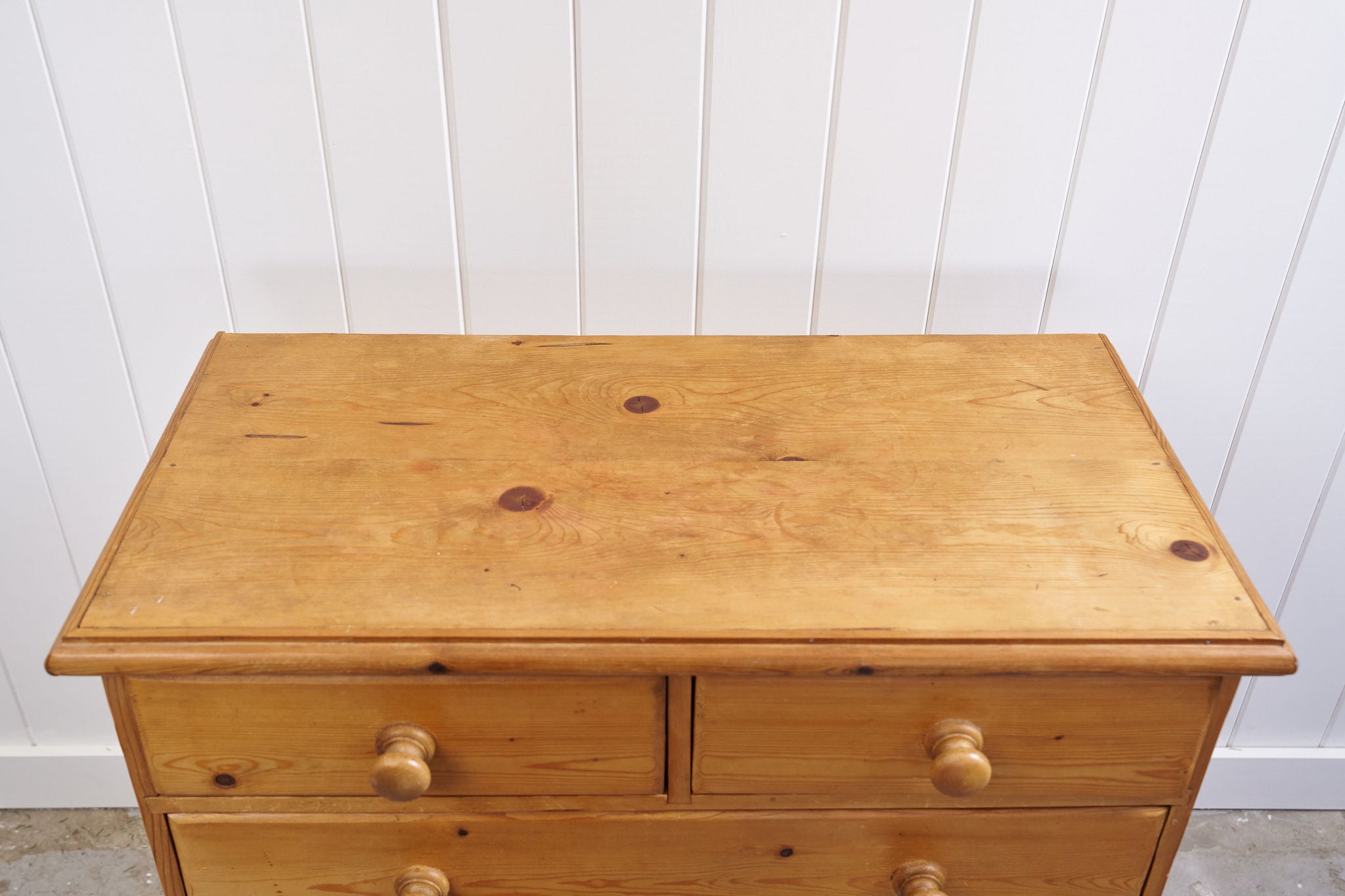 Petite English Pine Two-Over-Three Chest with Scalloped Apron
