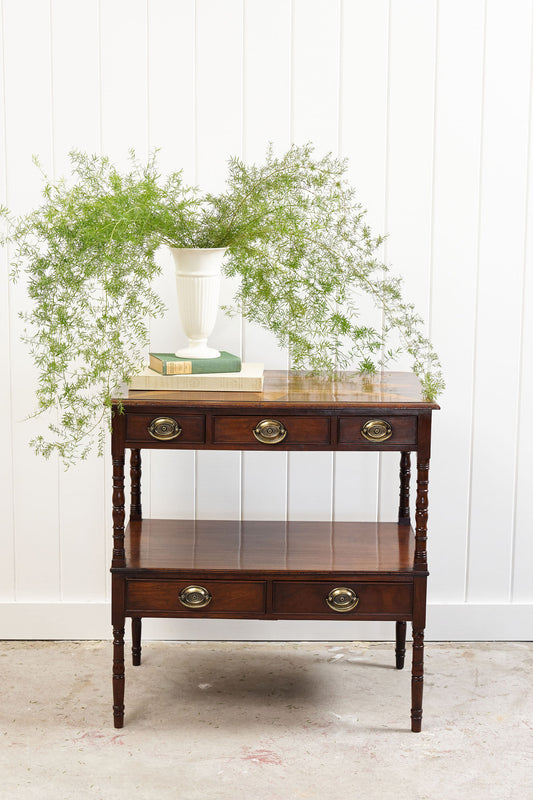 19th-Century English Mahogany + Oak Inlay Two-Tier Server with Drawers