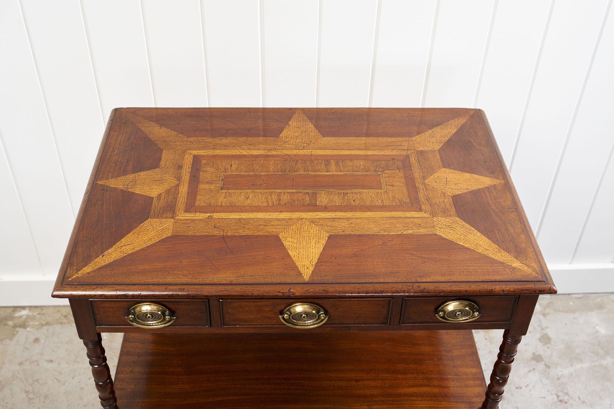 19th-Century English Mahogany + Oak Inlay Two-Tier Server with Drawers