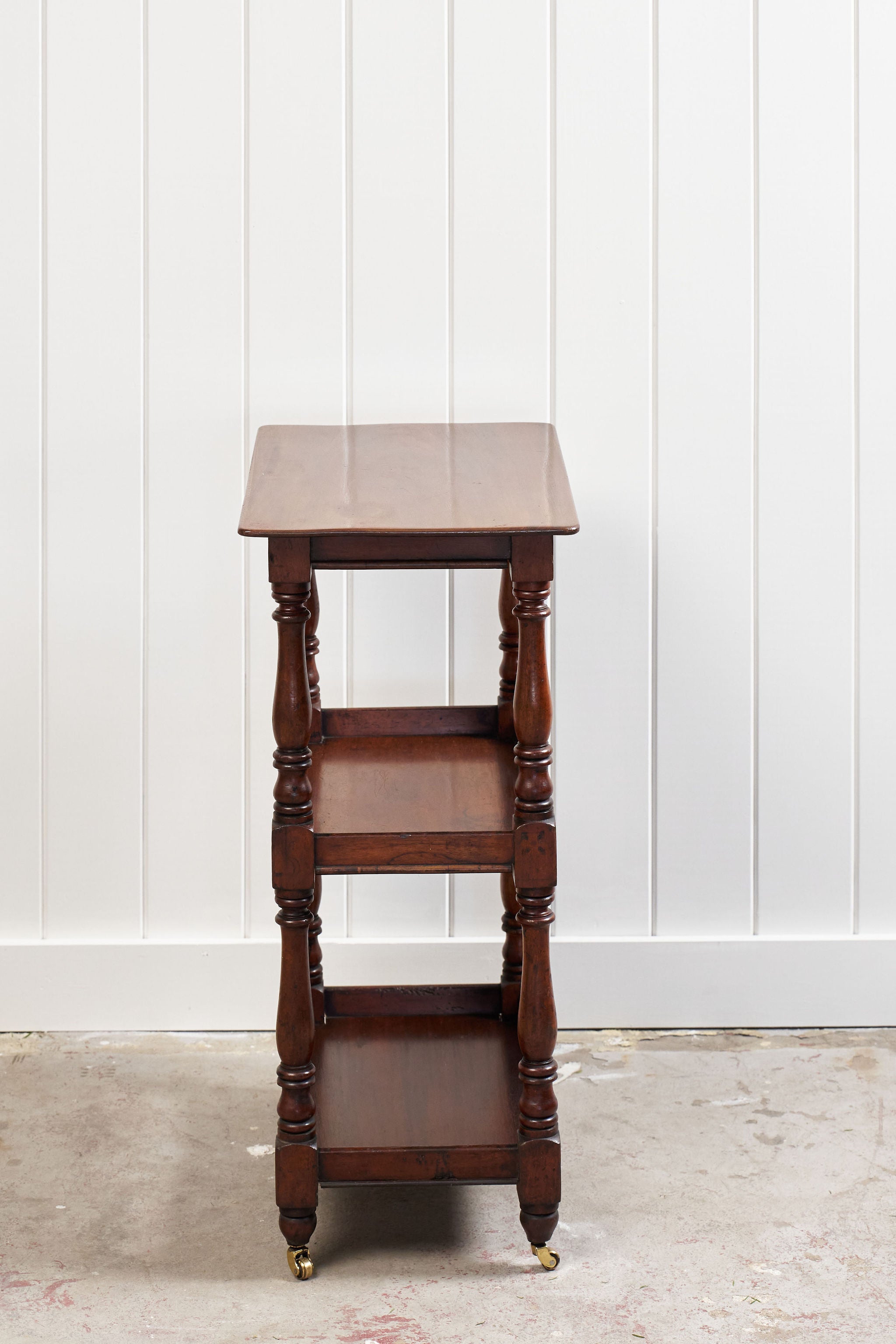 Petite English Three-Tier Victorian Mahogany Trolley/Side Table with Hidden Drawer on Casters (c. 1890)