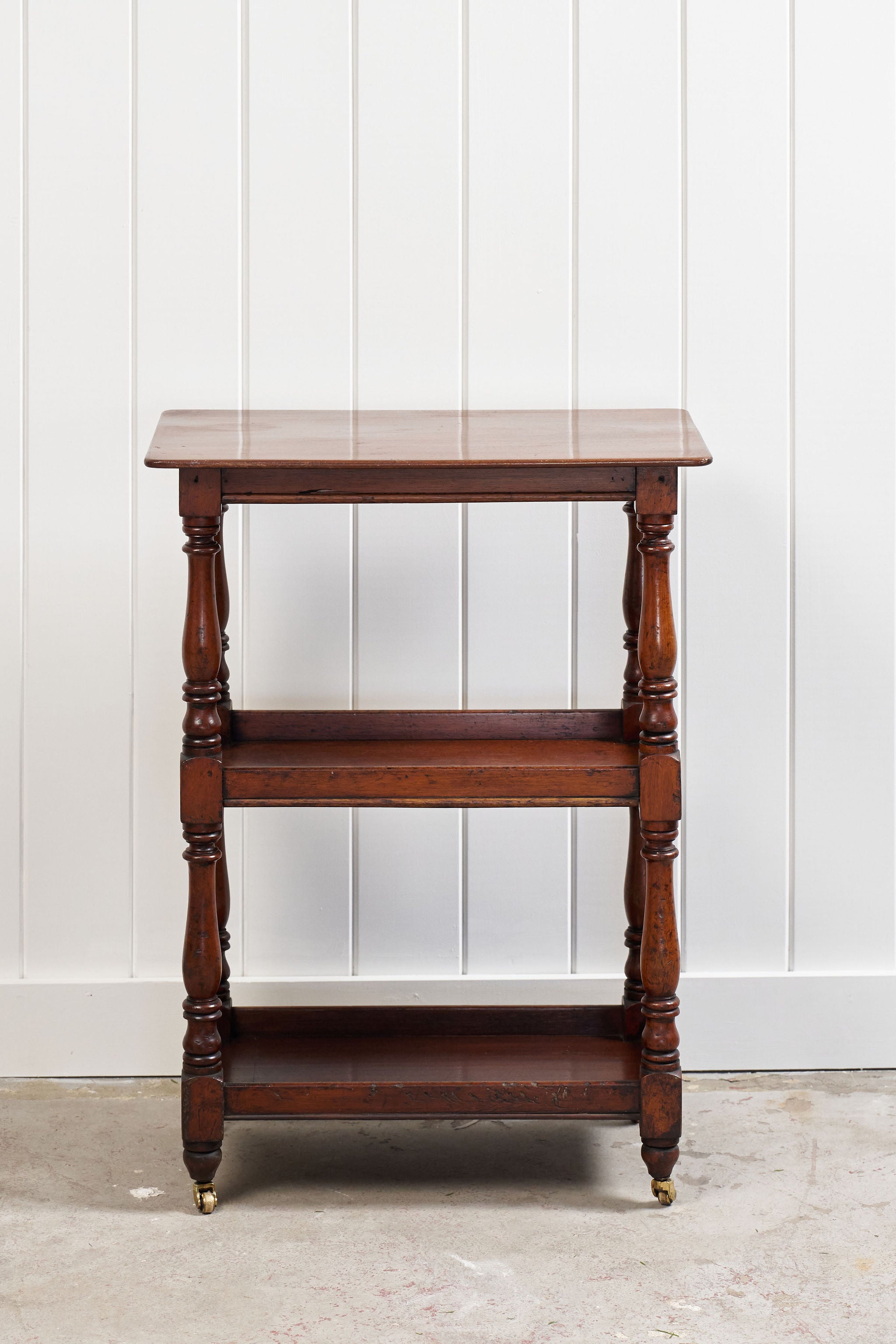 Petite English Three-Tier Victorian Mahogany Trolley/Side Table with Hidden Drawer on Casters (c. 1890)