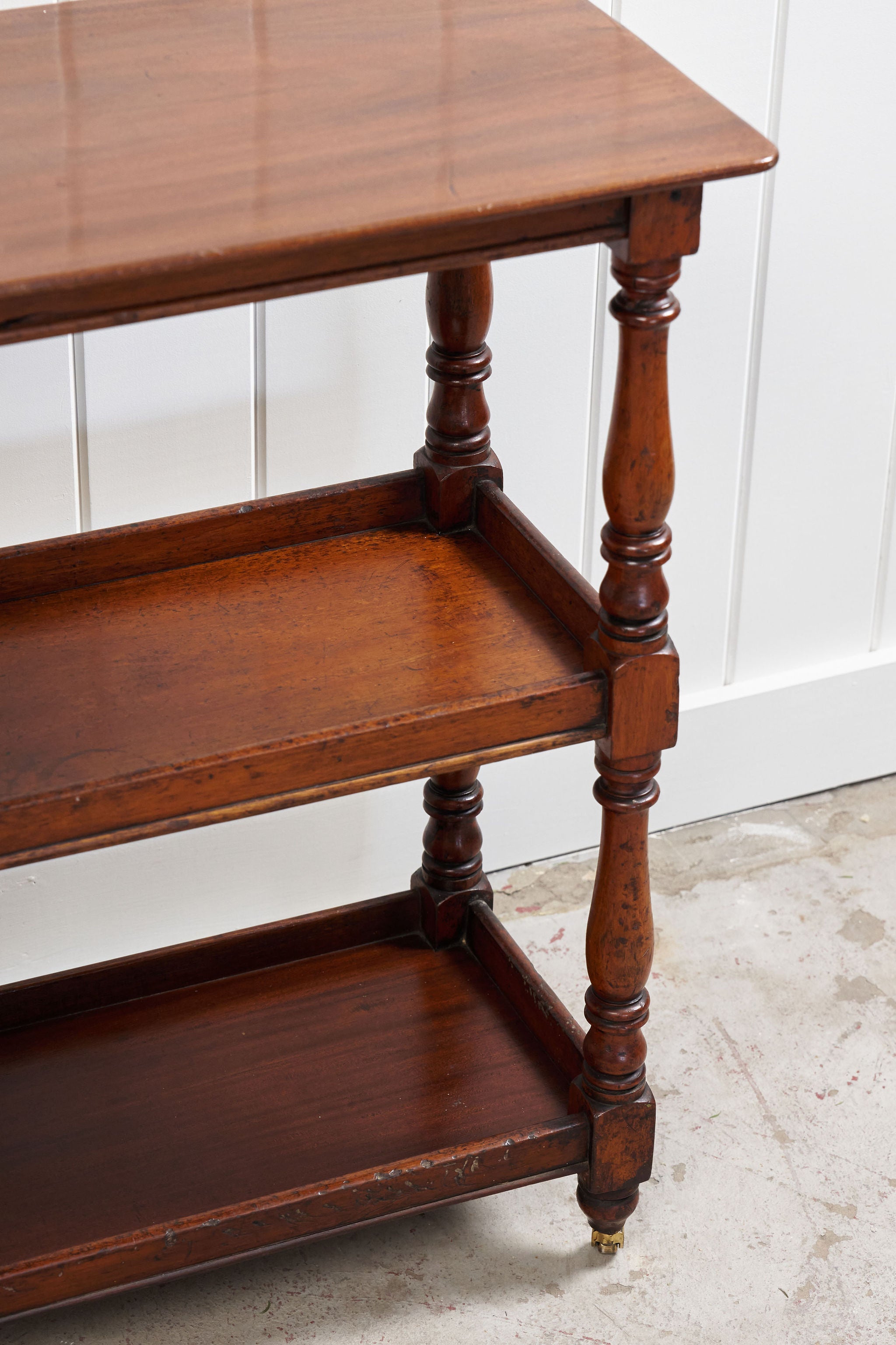 Petite English Three-Tier Victorian Mahogany Trolley/Side Table with Hidden Drawer on Casters (c. 1890)