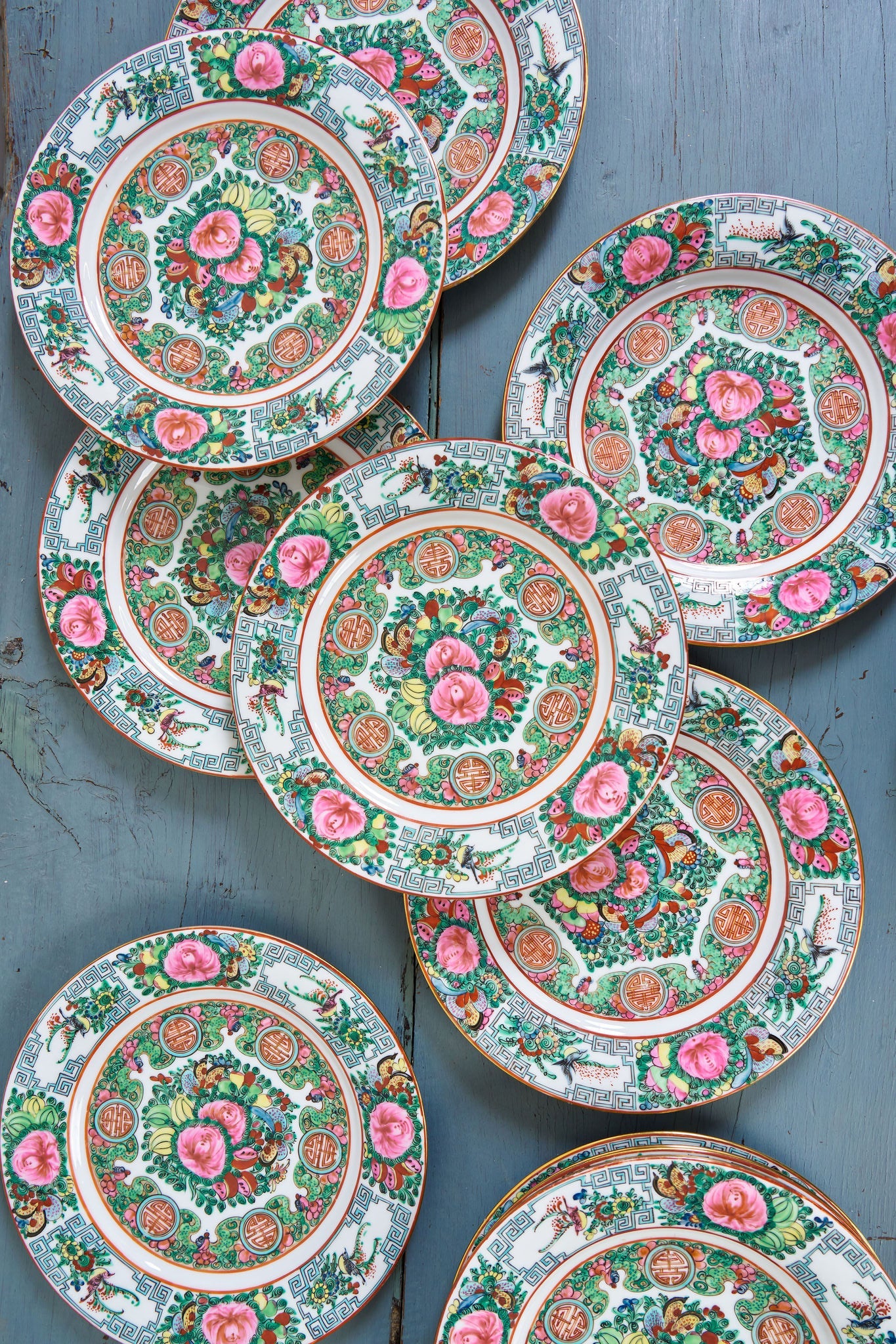SET of 12 | Early 20th Century Rose Medallion Celebration Dinner Plates