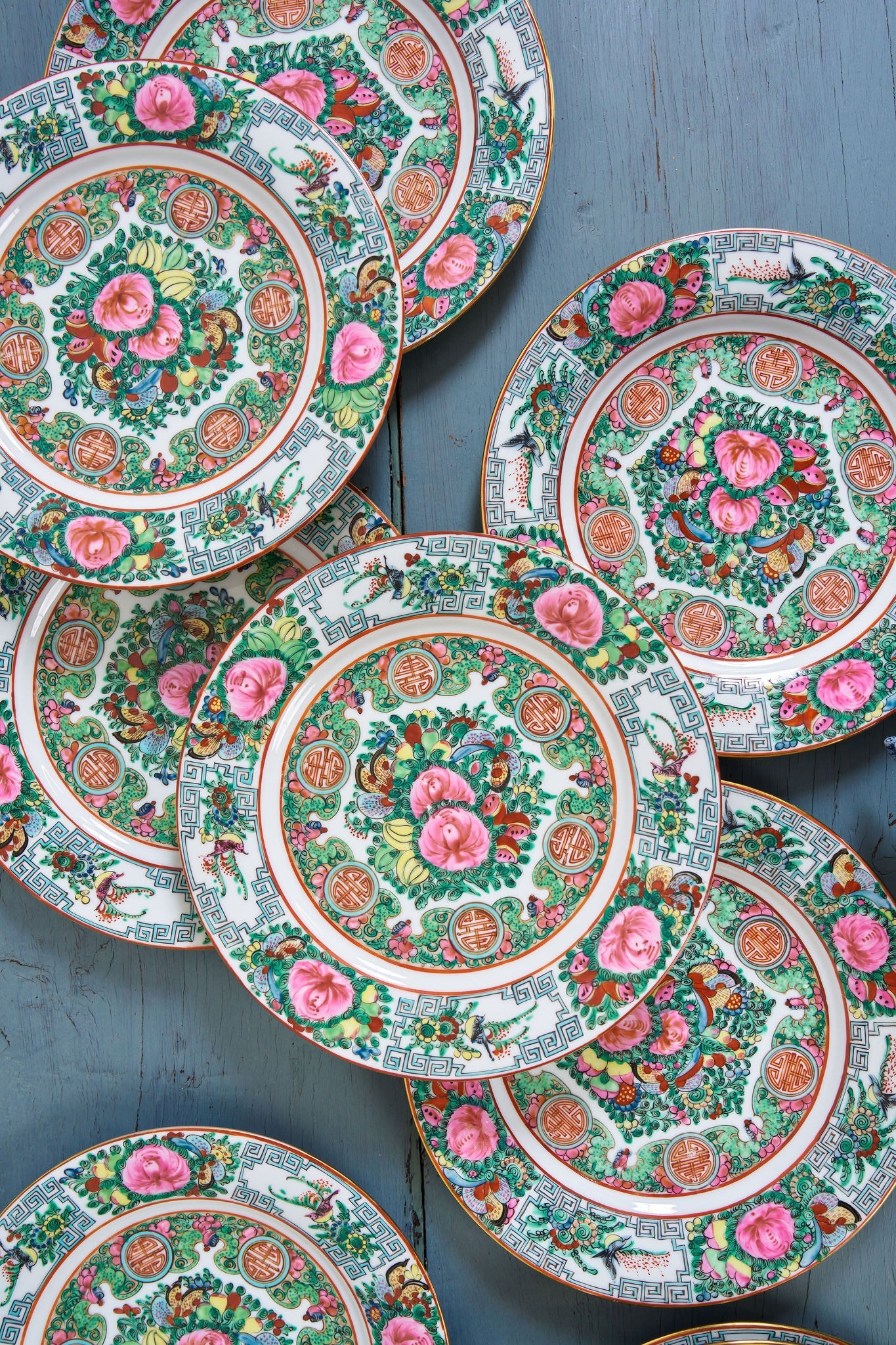 SET of 12 | Early 20th Century Rose Medallion Celebration Dinner Plates
