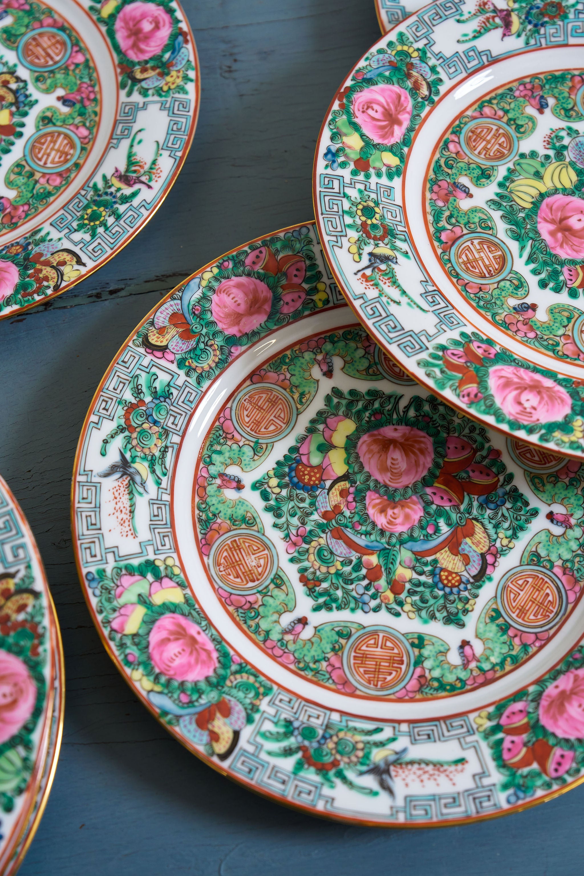 SET of 12 | Early 20th Century Rose Medallion Celebration Dinner Plates