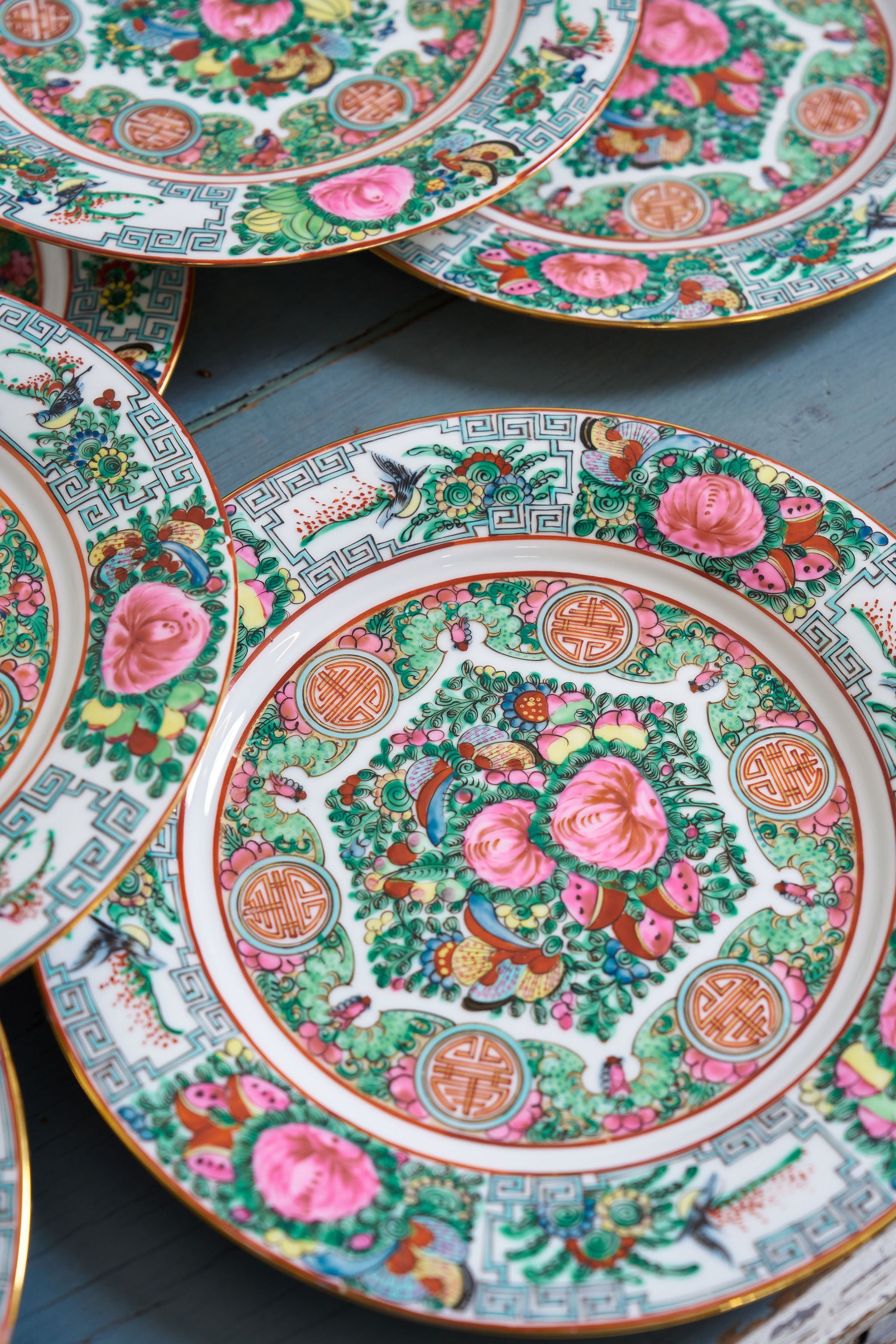 SET of 12 | Early 20th Century Rose Medallion Celebration Dinner Plates