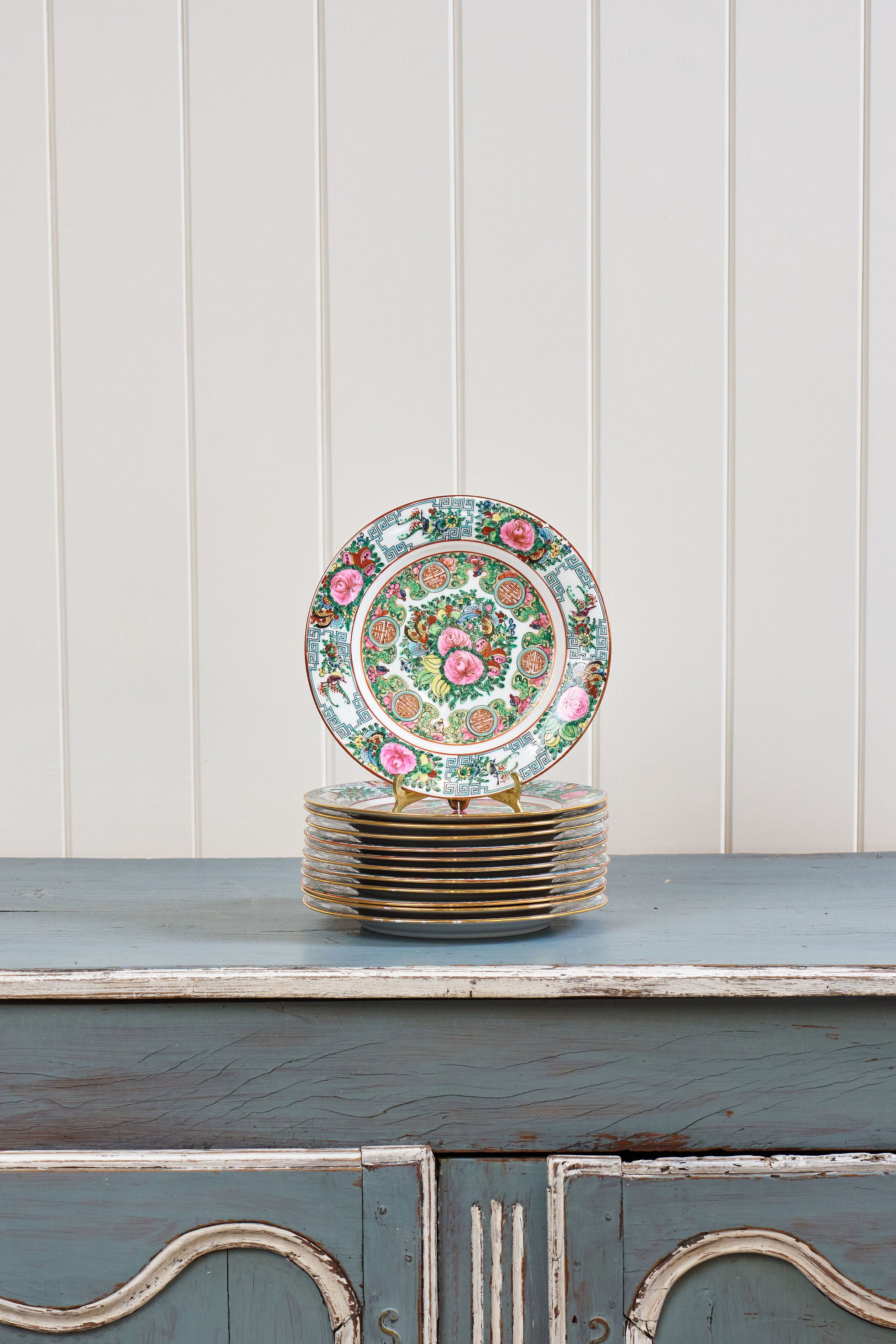SET of 12 | Early 20th Century Rose Medallion Celebration Dinner Plates