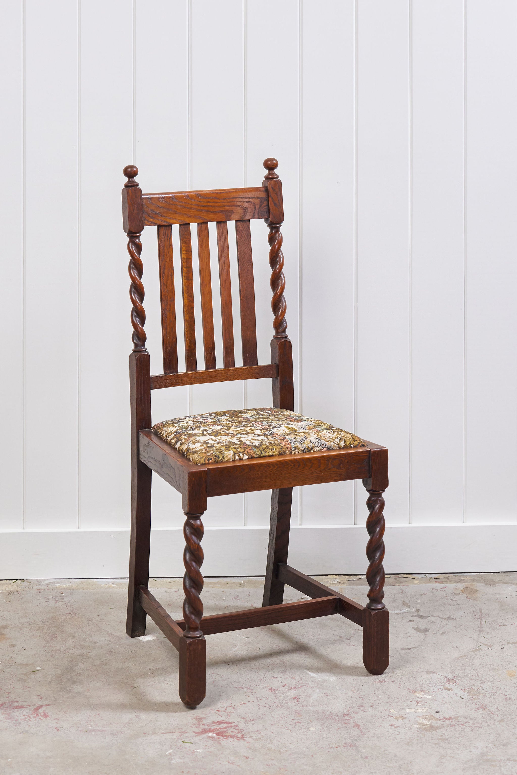 Antique English Oak Barley Twist Chair with Tapestry Seat
