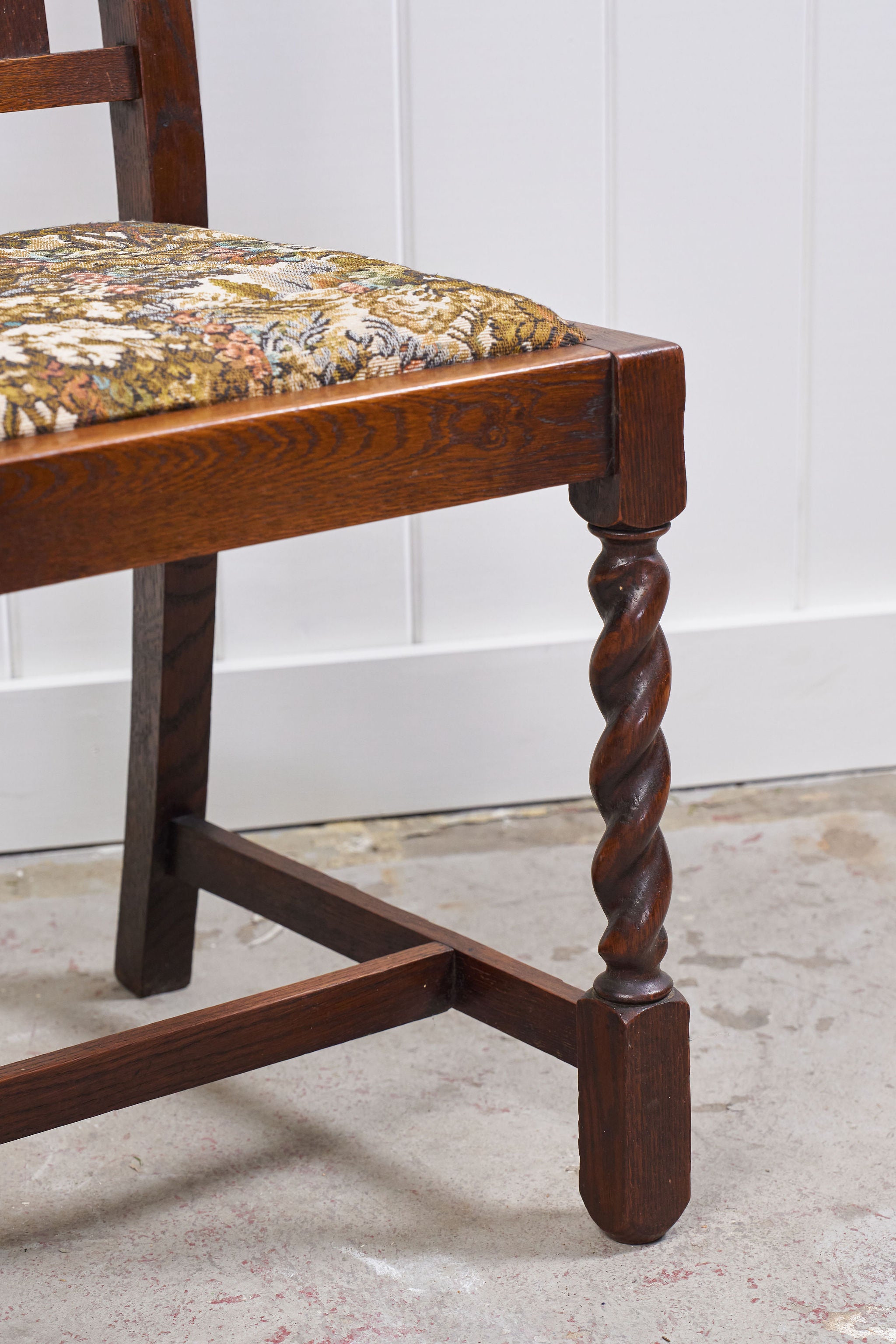Antique English Oak Barley Twist Chair with Tapestry Seat