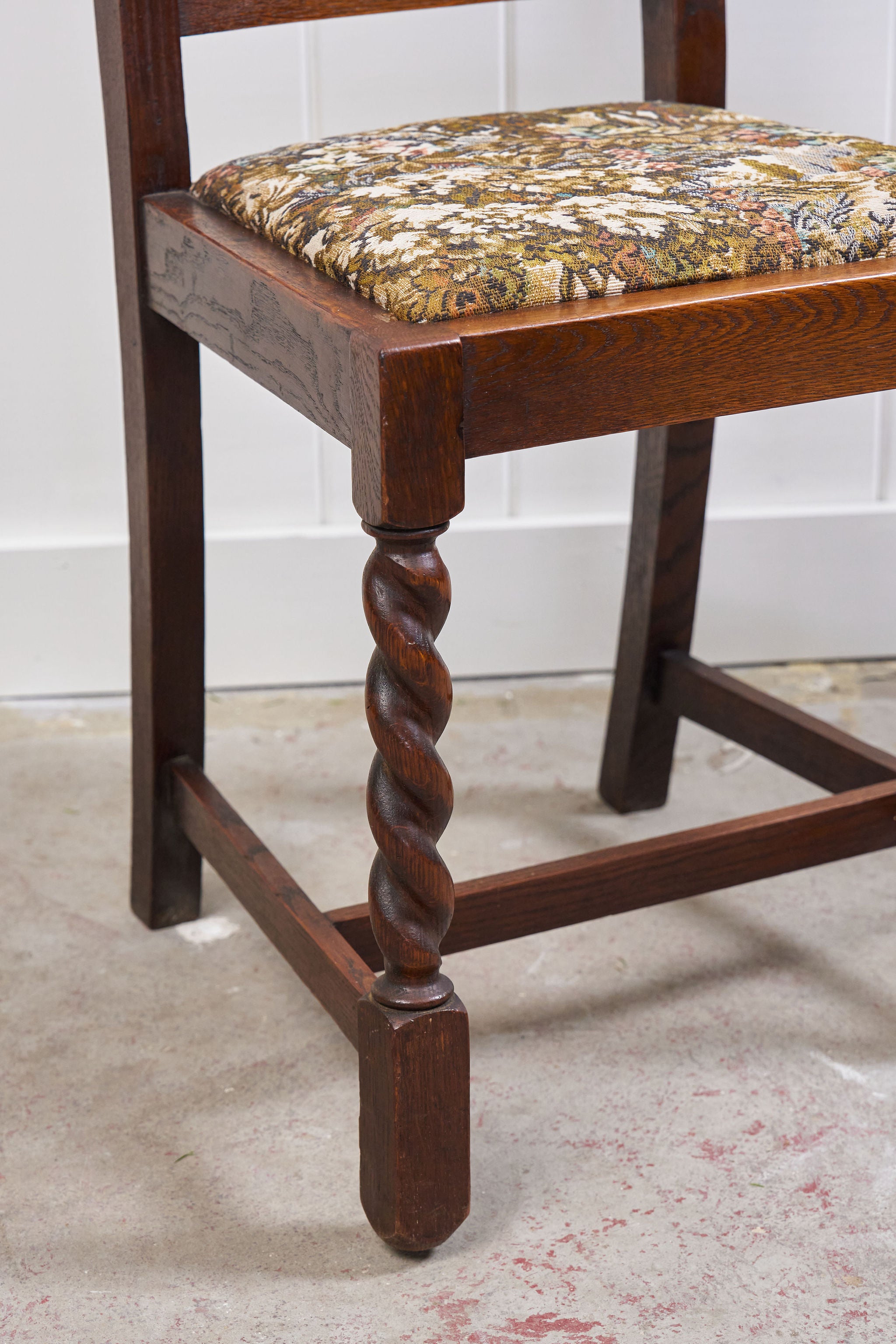Antique English Oak Barley Twist Chair with Tapestry Seat
