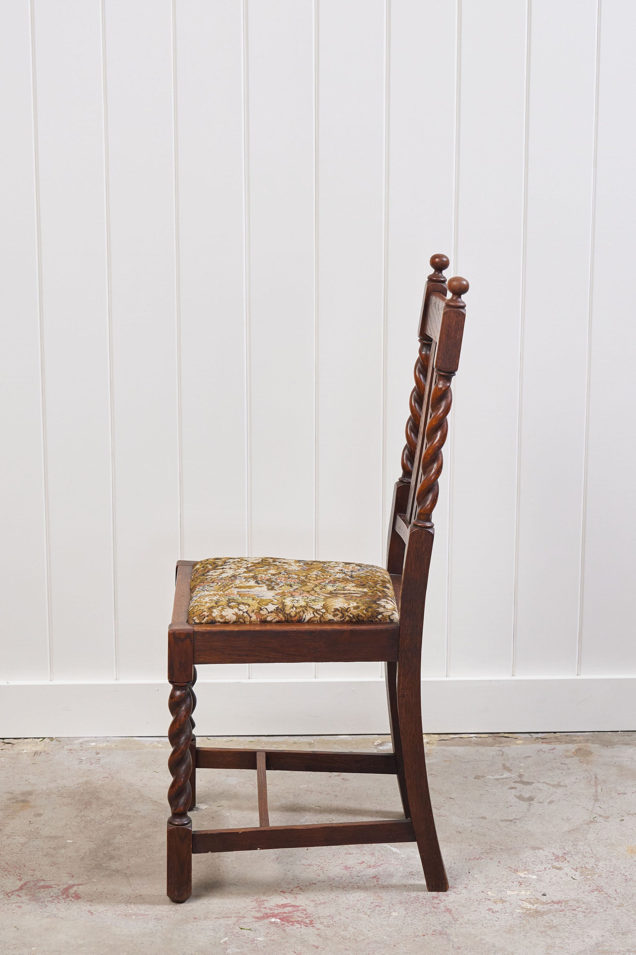Antique English Oak Barley Twist Chair with Tapestry Seat