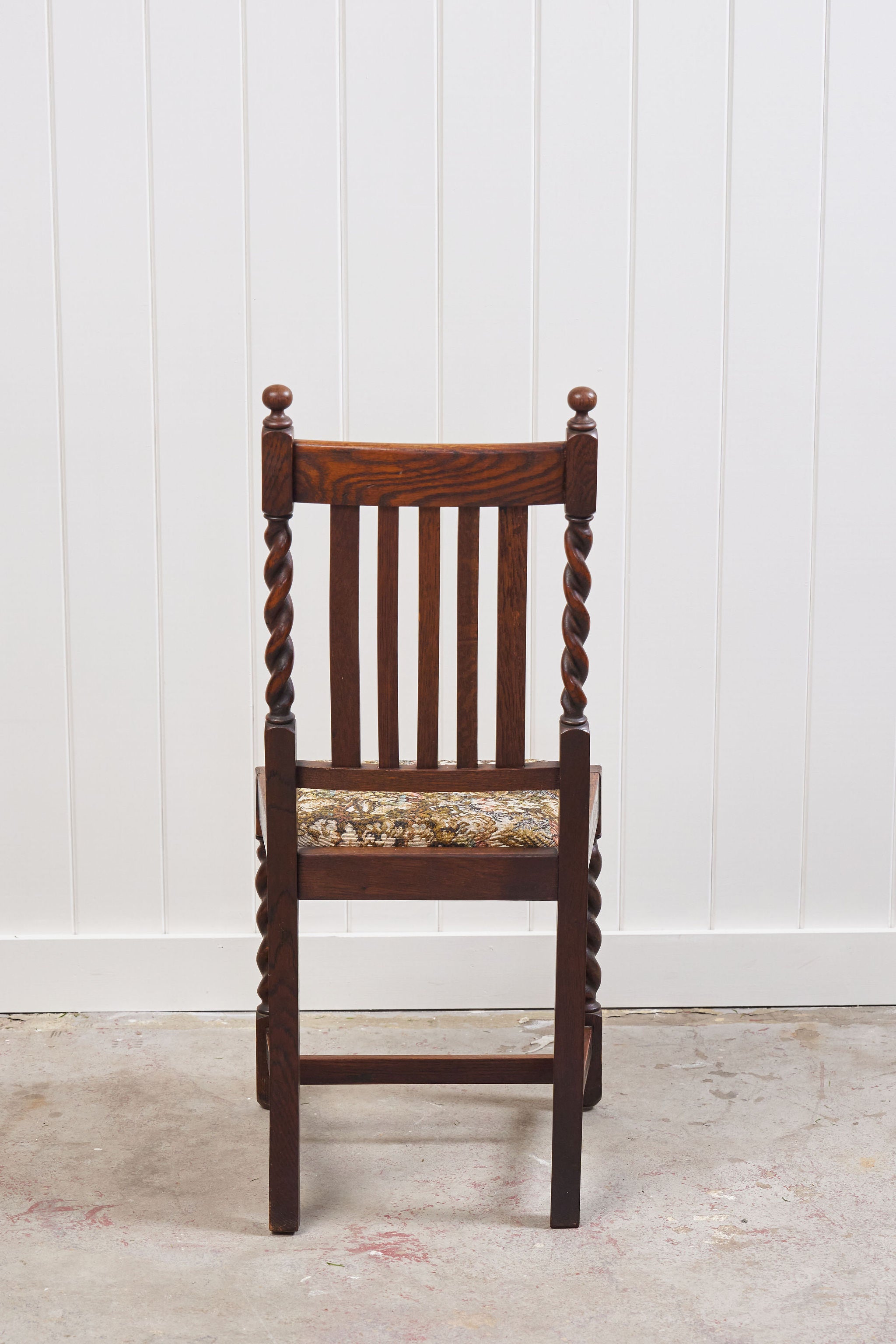 Antique English Oak Barley Twist Chair with Tapestry Seat