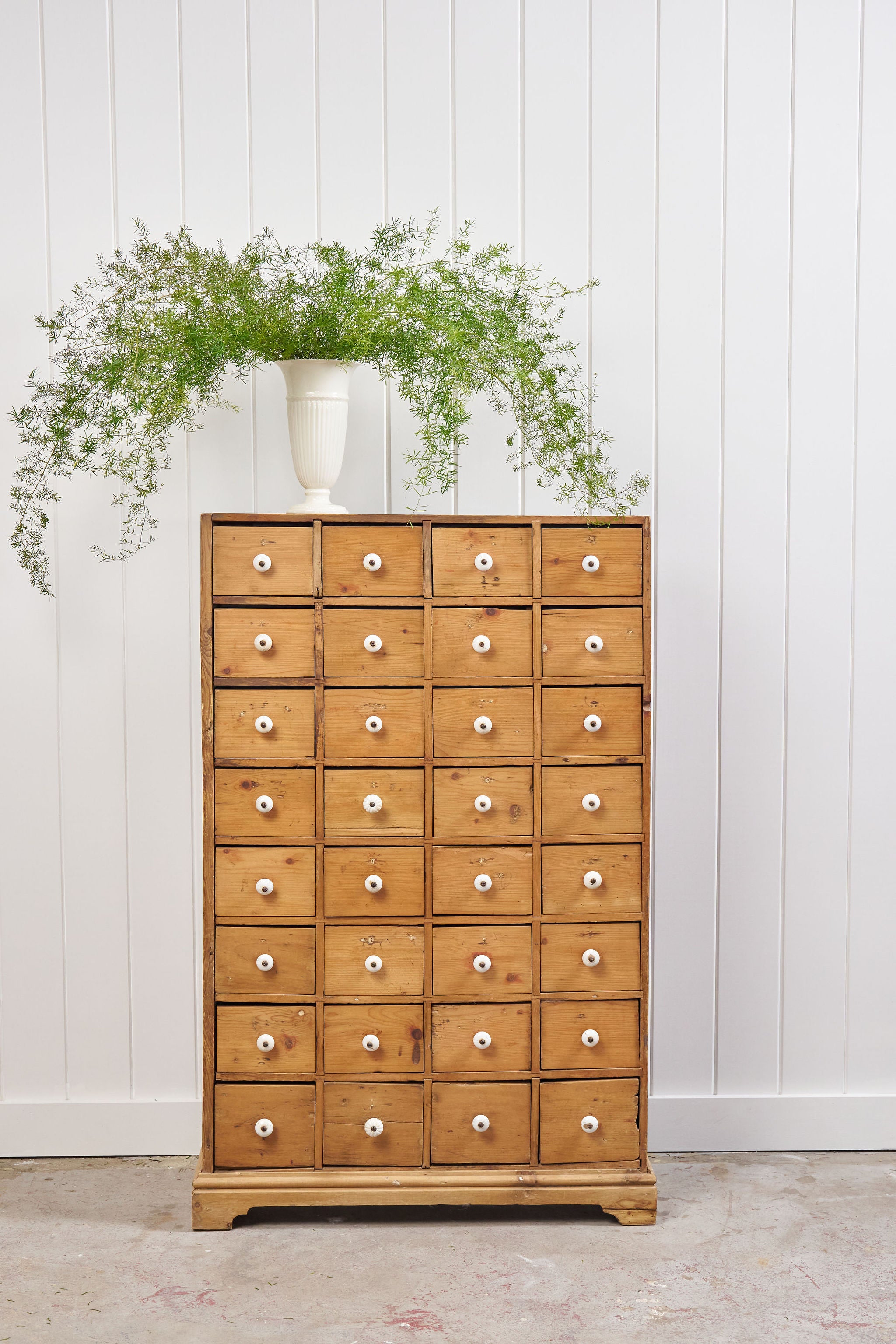 Antique English Pine Apothecary Cabinet with 32 Drawers (c. 1860)