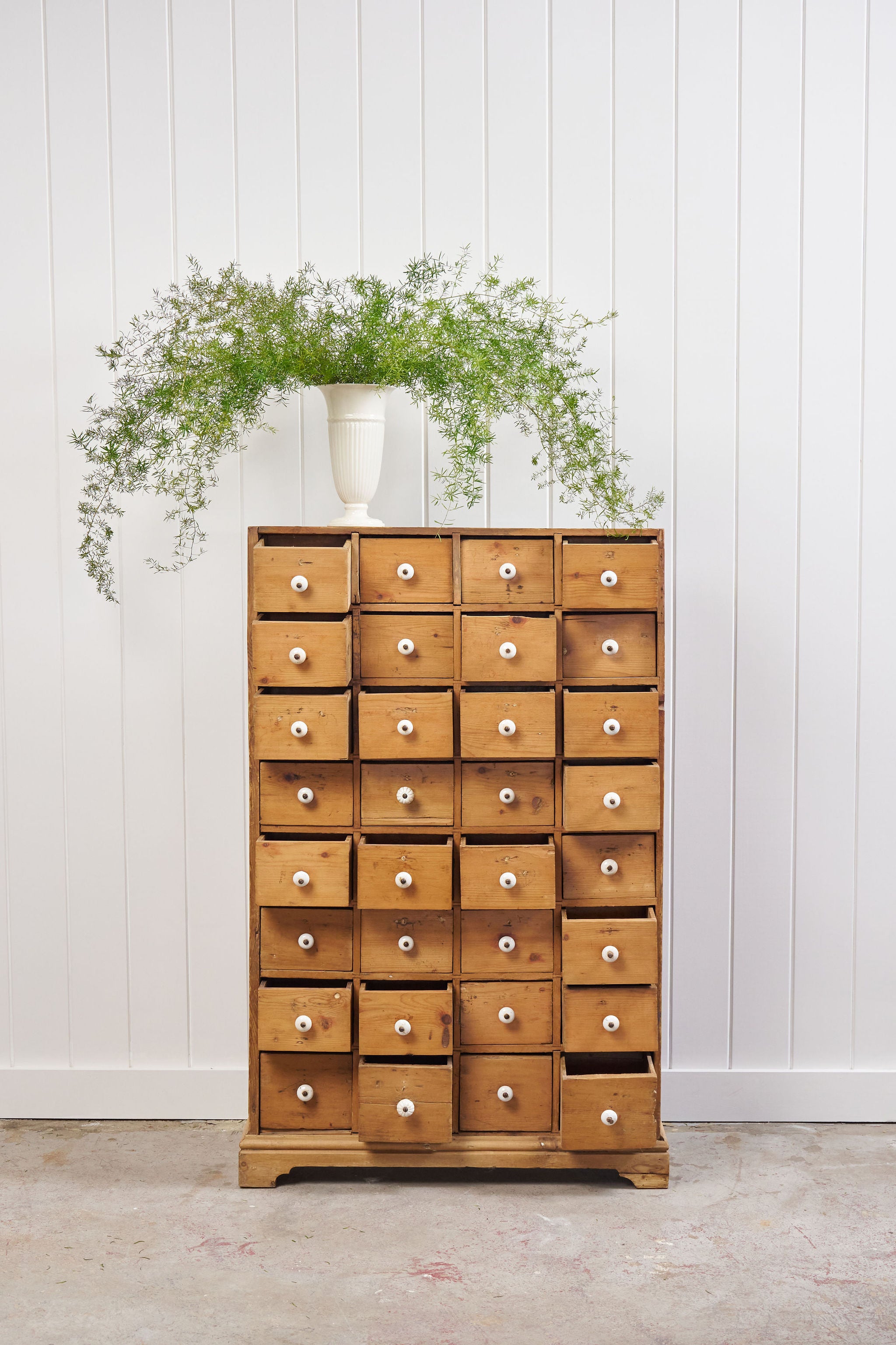 Antique English Pine Apothecary Cabinet with 32 Drawers (c. 1860)