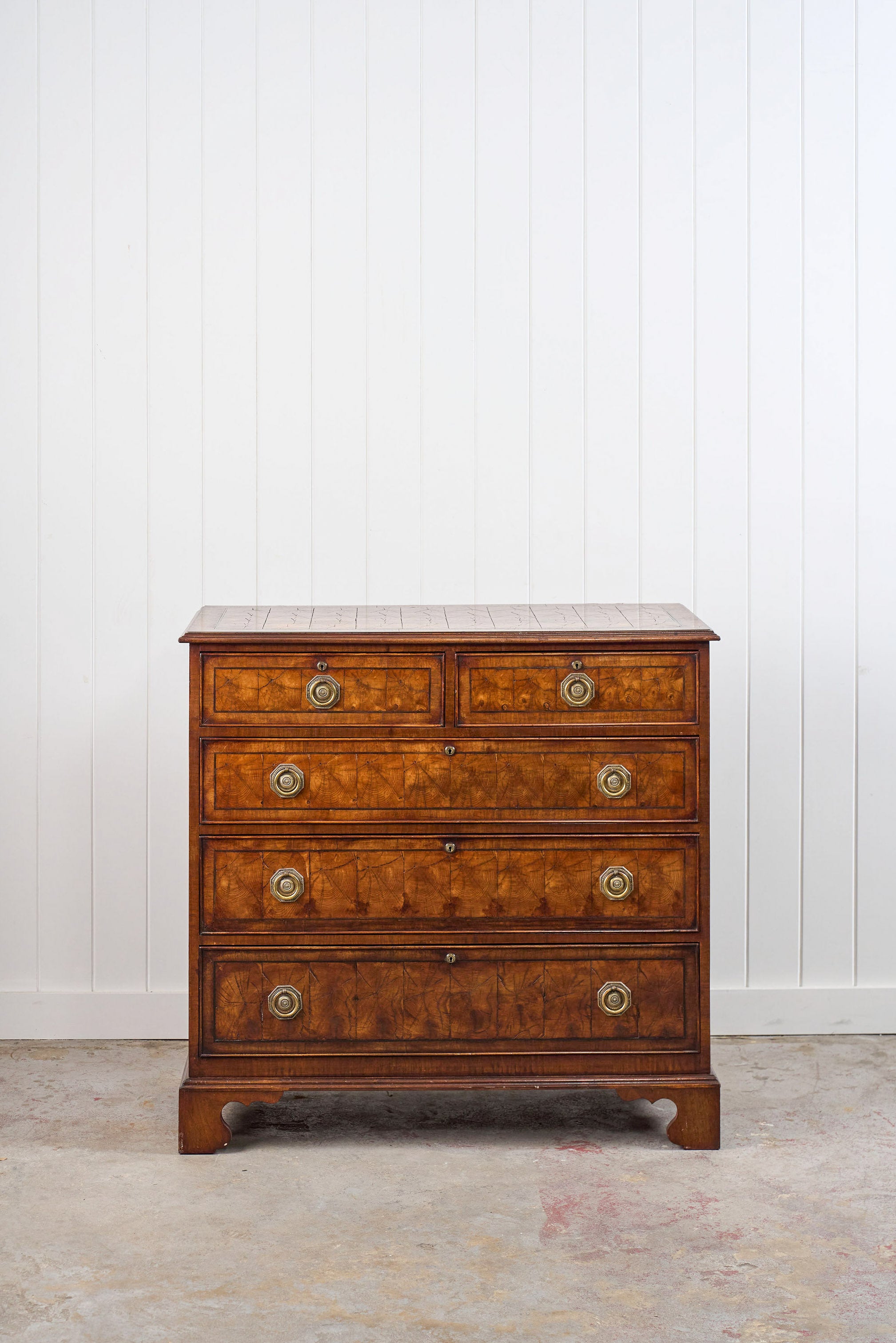 18th Century Large English Oyster Cut Chest of Drawers on Bracket Feet