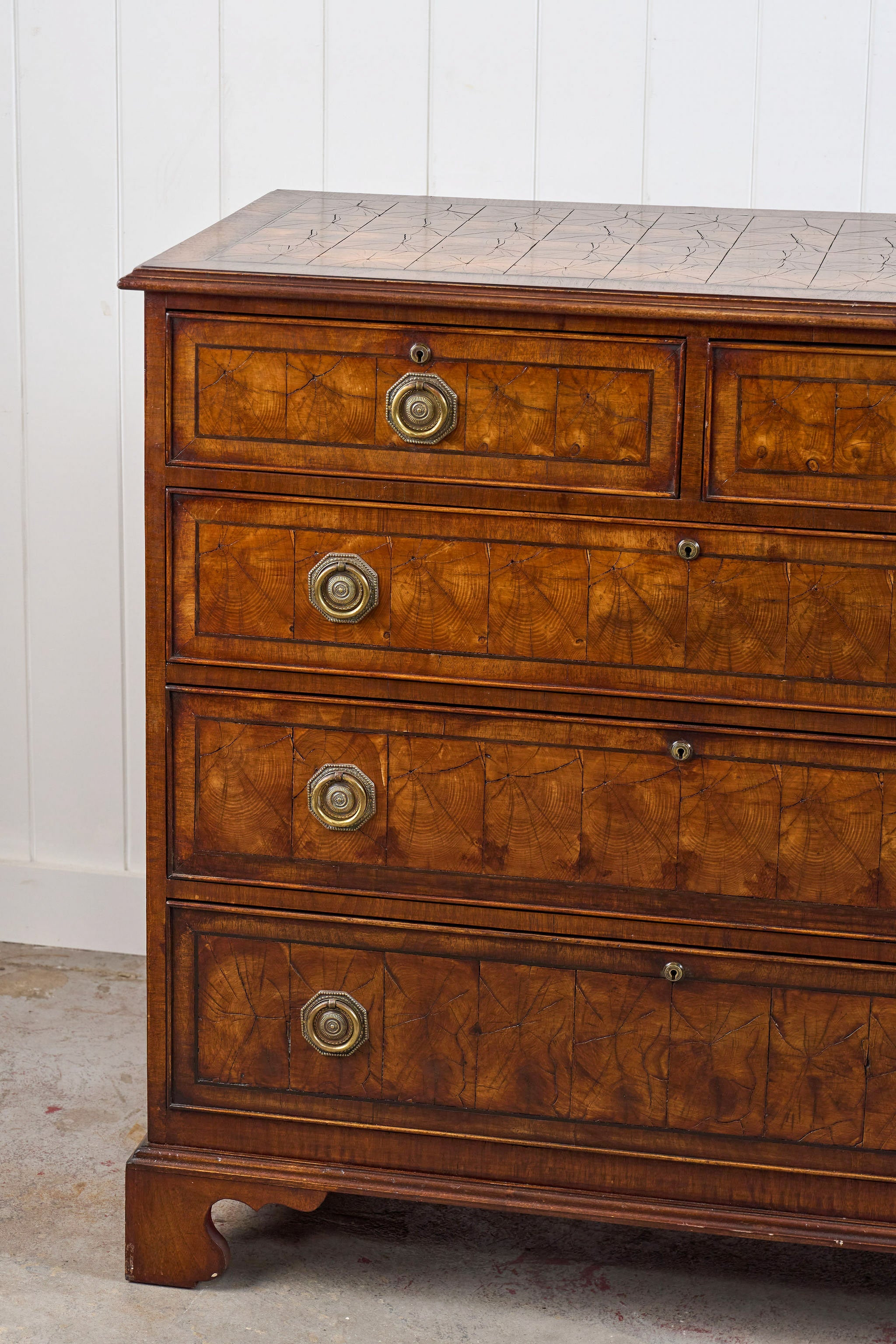 18th Century Large English Oyster Cut Chest of Drawers on Bracket Feet
