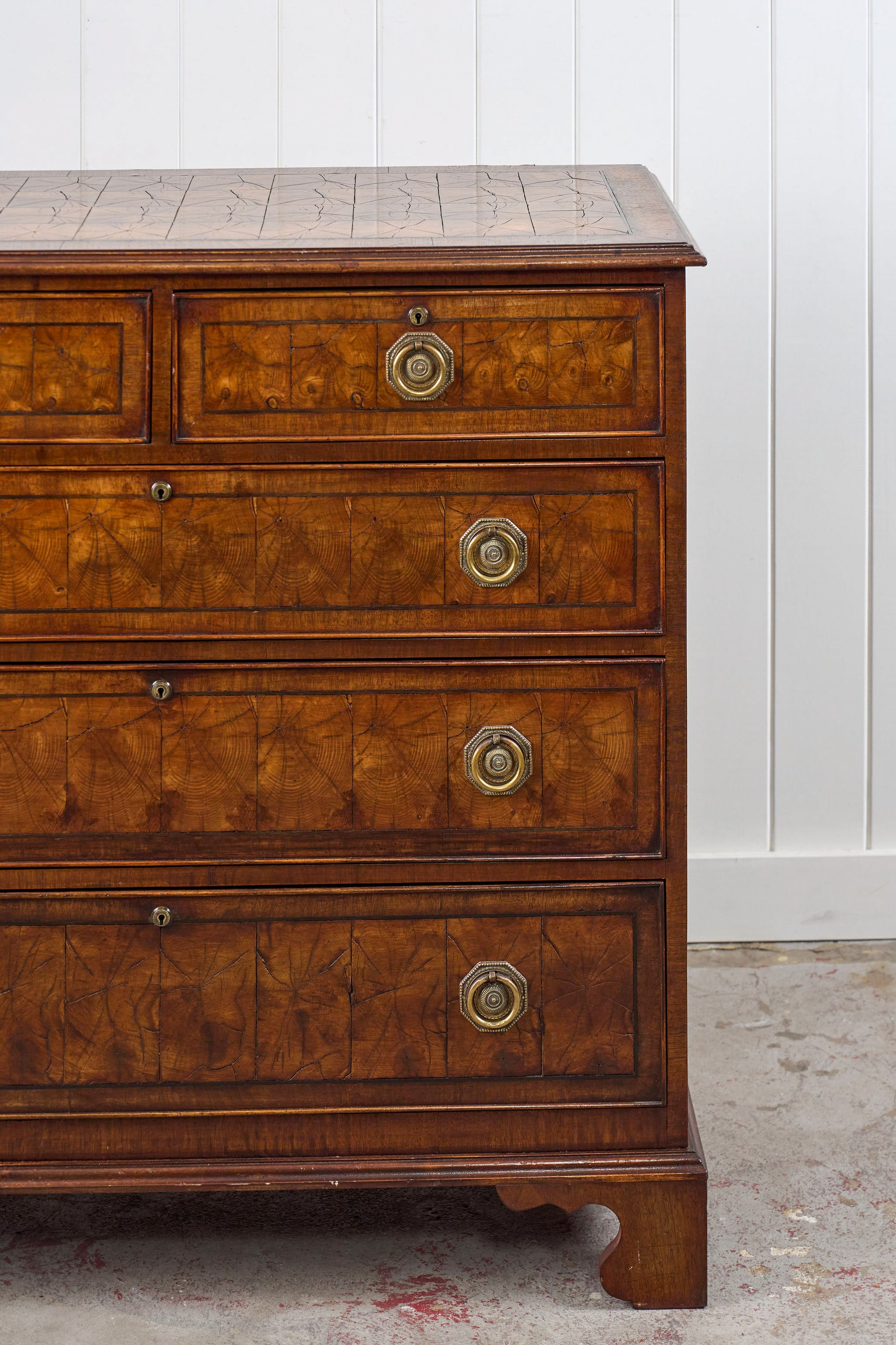 18th Century Large English Oyster Cut Chest of Drawers on Bracket Feet