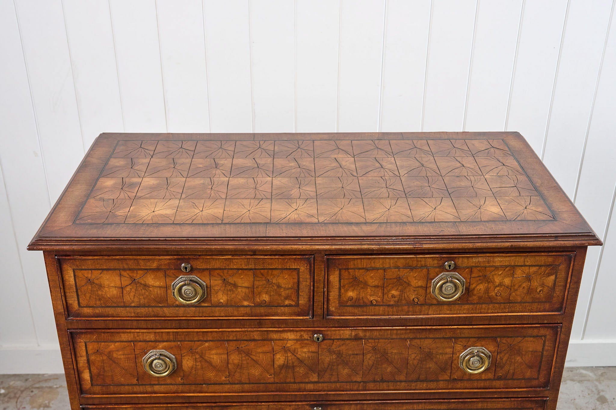 18th Century Large English Oyster Cut Chest of Drawers on Bracket Feet