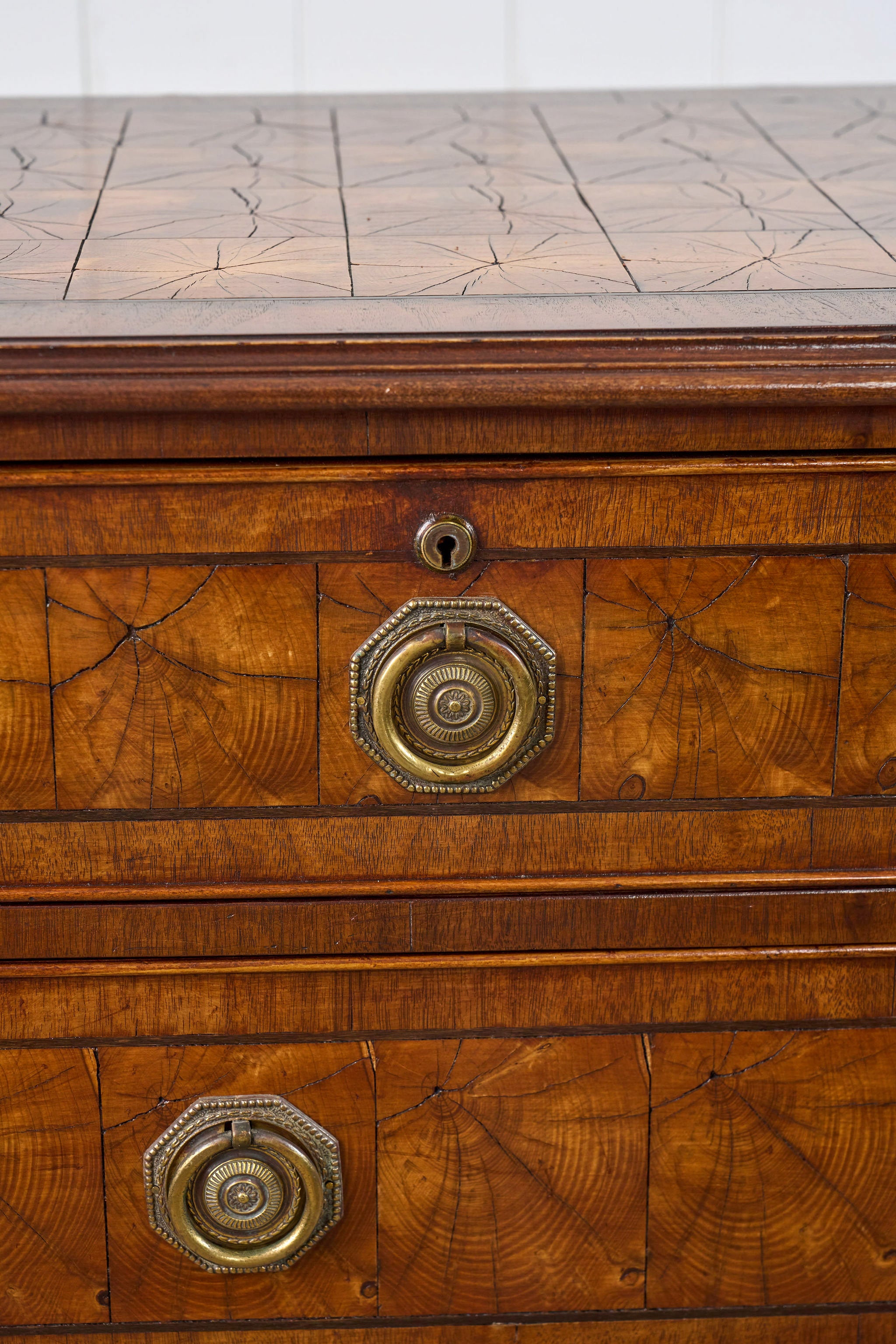 18th Century Large English Oyster Cut Chest of Drawers on Bracket Feet