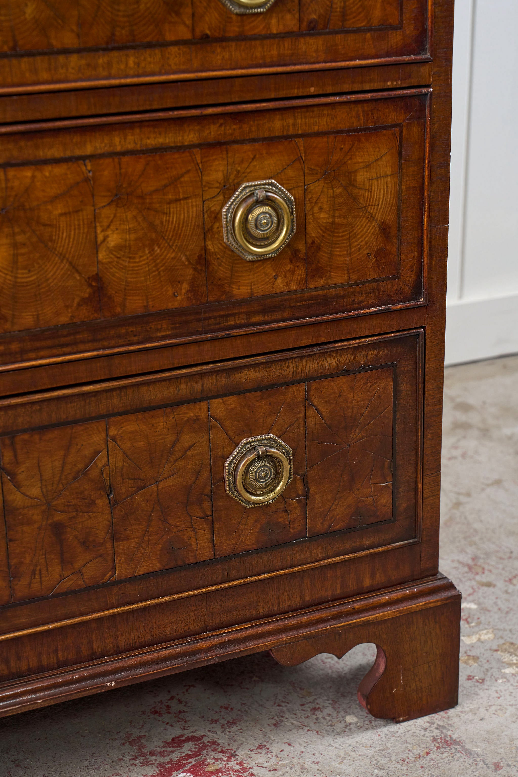 18th Century Large English Oyster Cut Chest of Drawers on Bracket Feet
