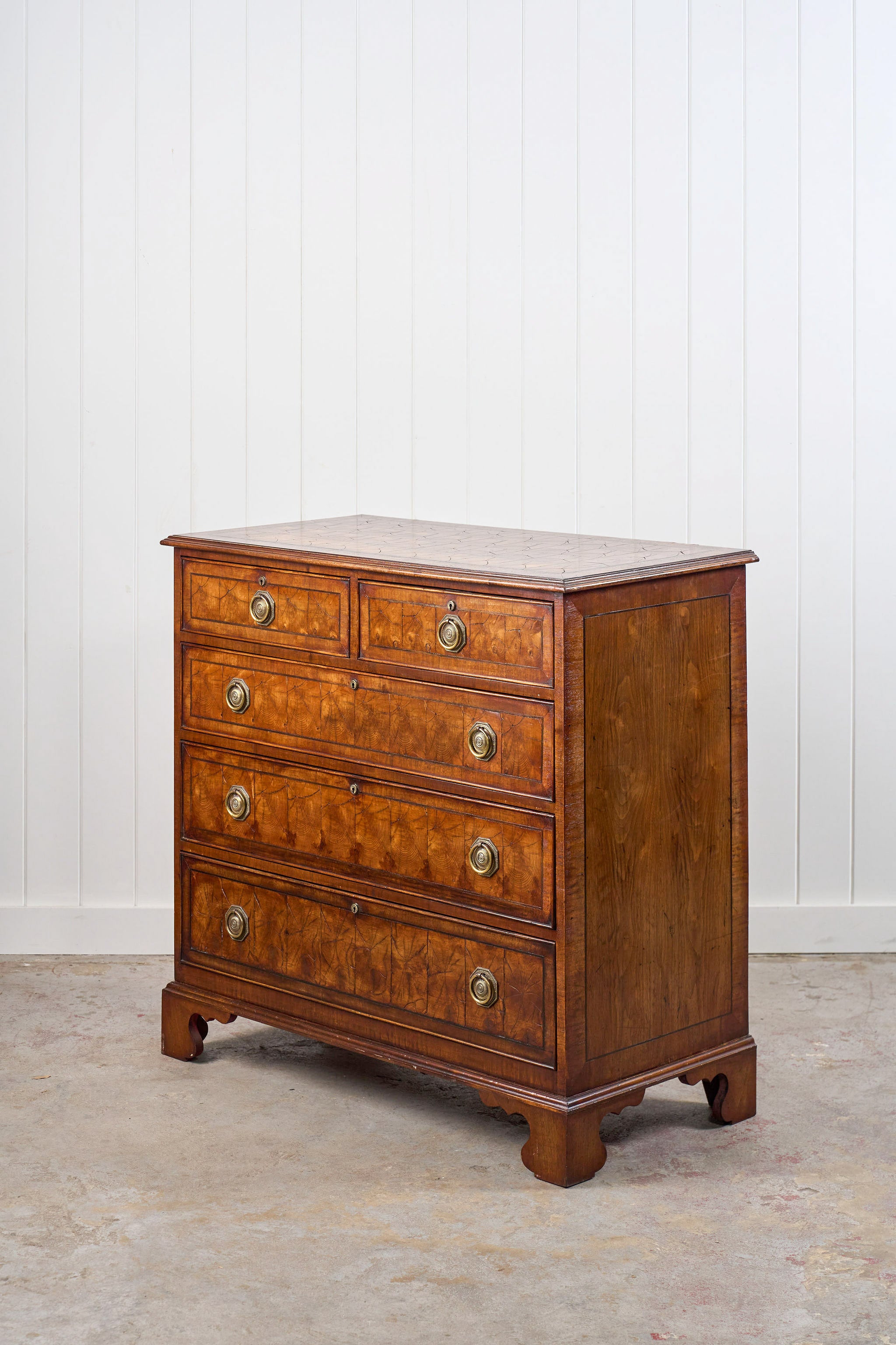 18th Century Large English Oyster Cut Chest of Drawers on Bracket Feet