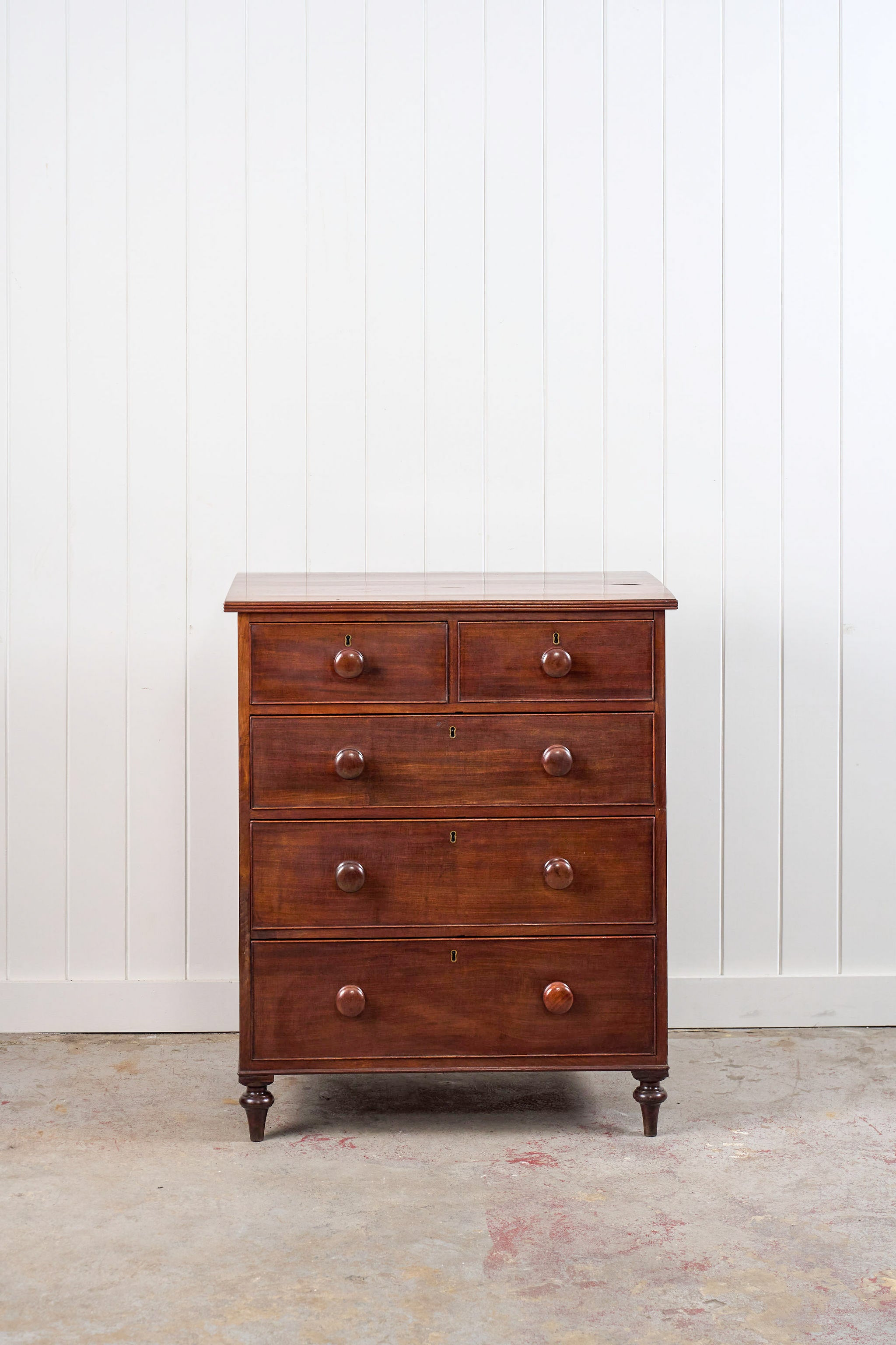 Thin English Mahogany Chest with Original Wooden Knobs + Feet (c. 1825)