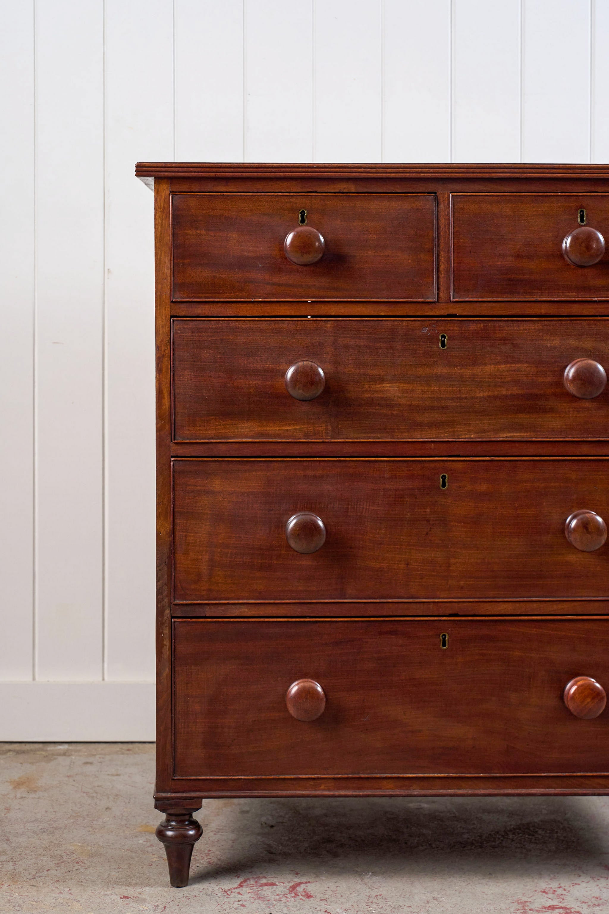 Thin English Mahogany Chest with Original Wooden Knobs + Feet (c. 1825)