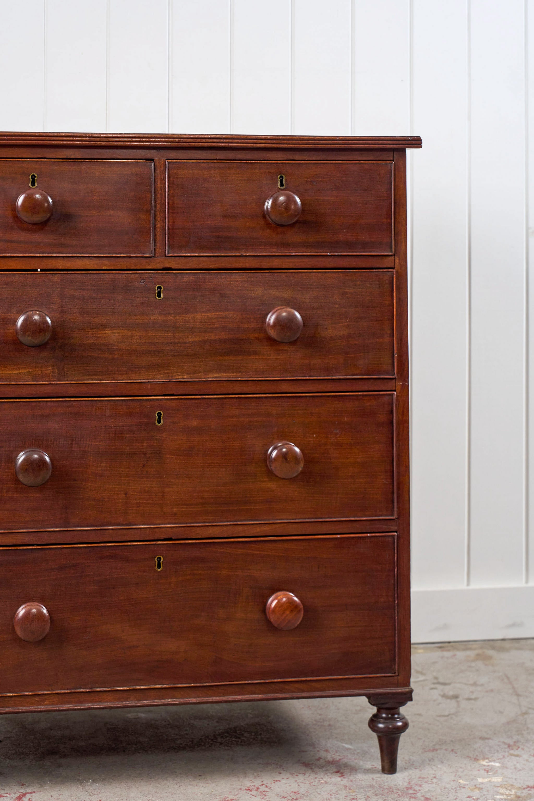 Thin English Mahogany Chest with Original Wooden Knobs + Feet (c. 1825)