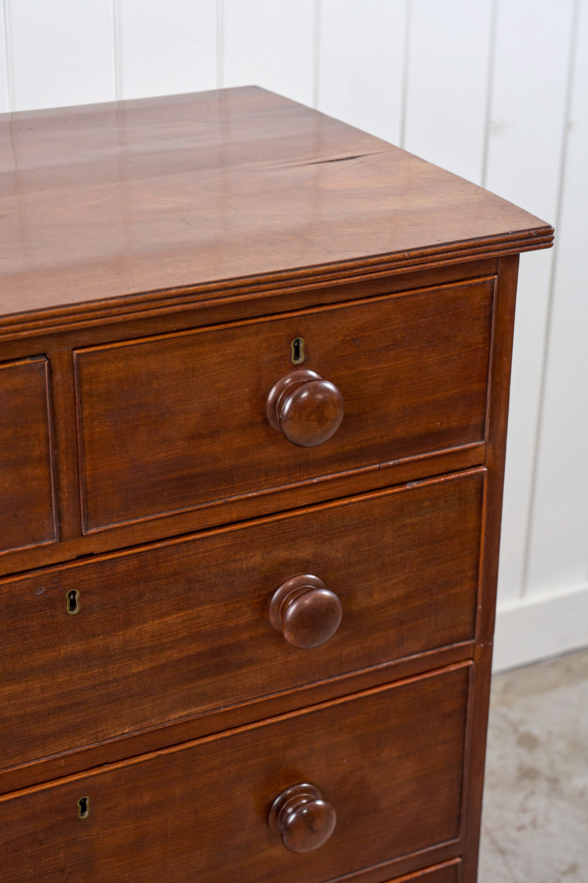 Thin English Mahogany Chest with Original Wooden Knobs + Feet (c. 1825)