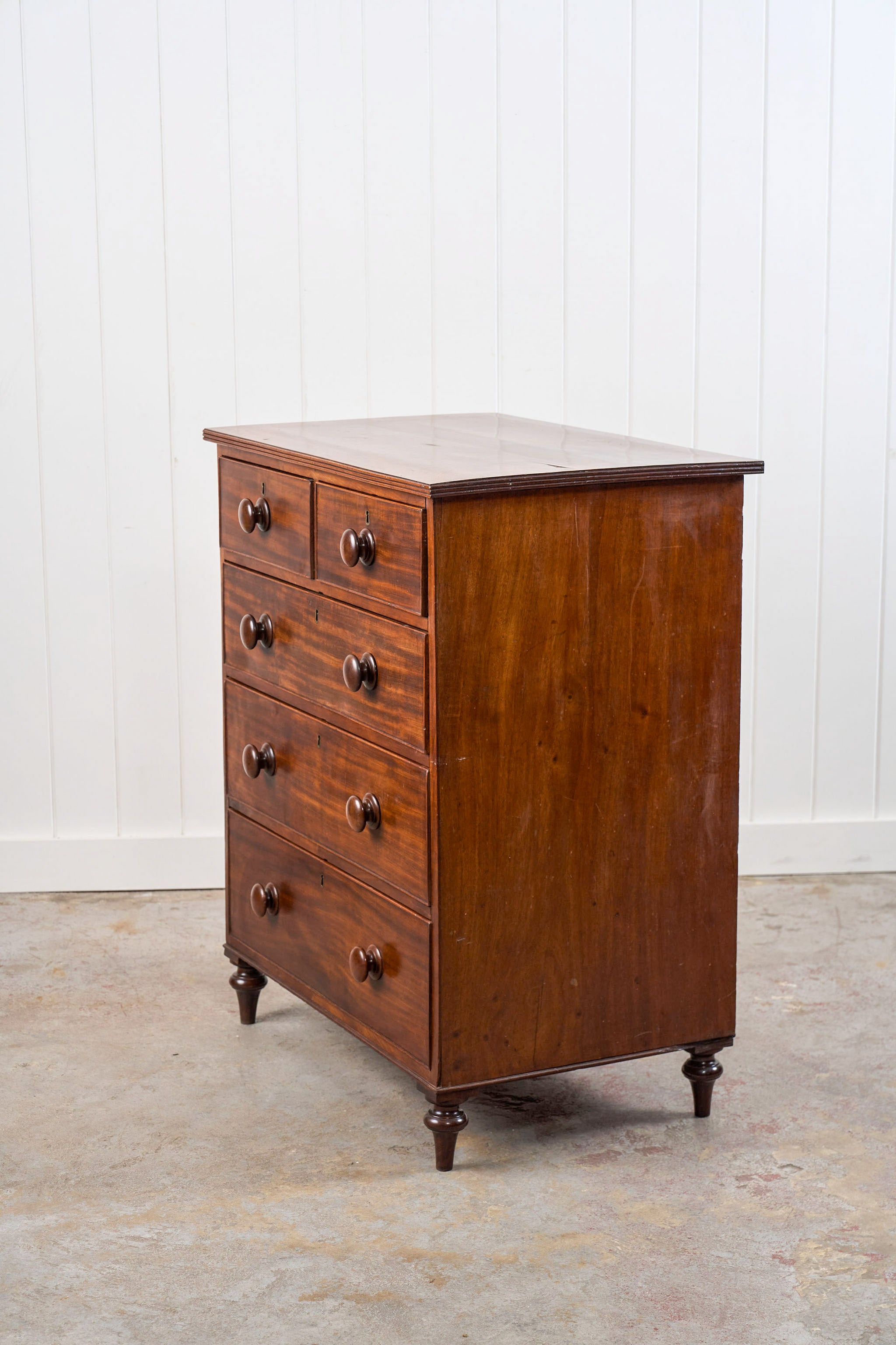 Thin English Mahogany Chest with Original Wooden Knobs + Feet (c. 1825)