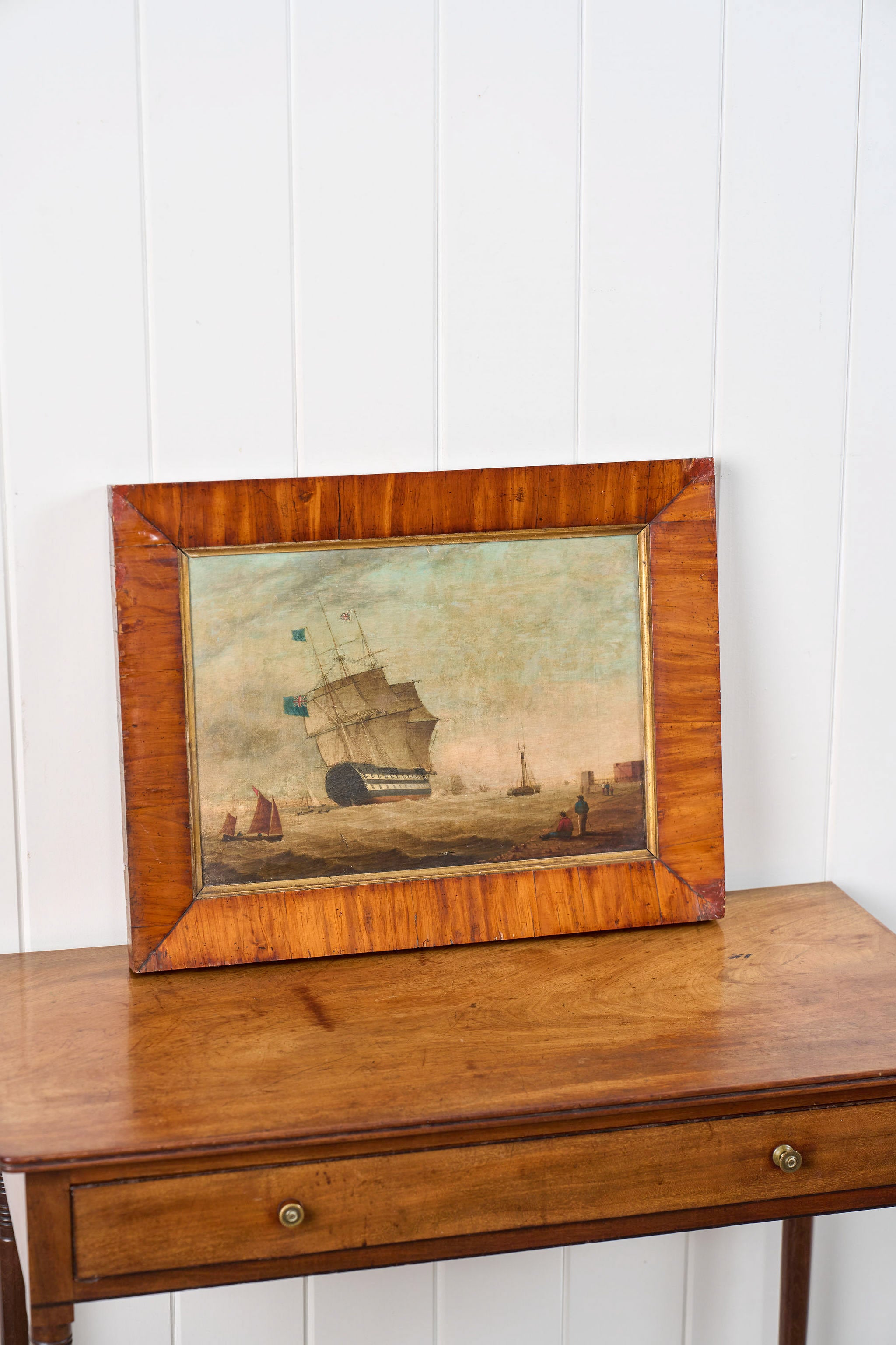 19th Century Original English Ship Oil In Original Maple Frame