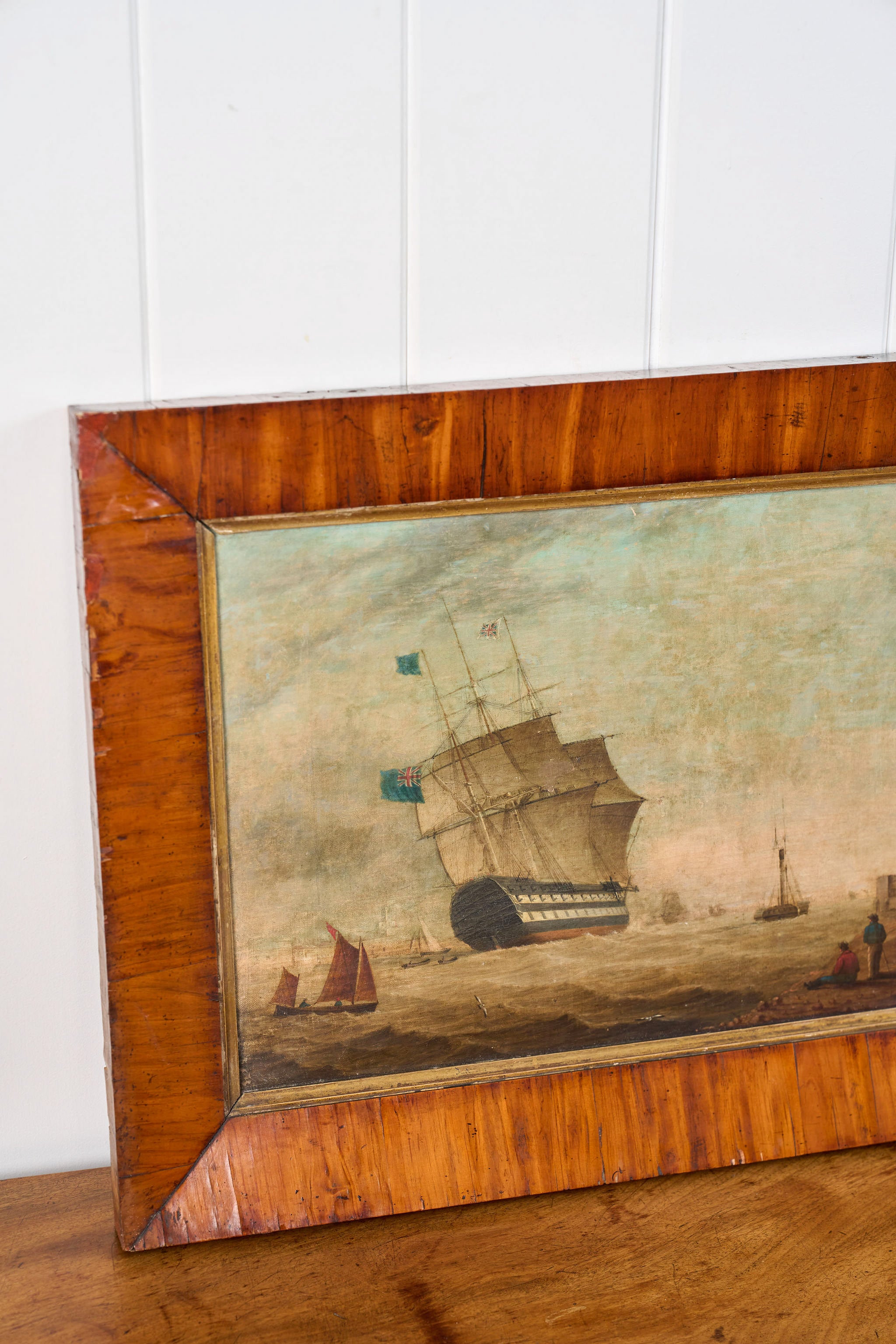 19th Century Original English Ship Oil In Original Maple Frame
