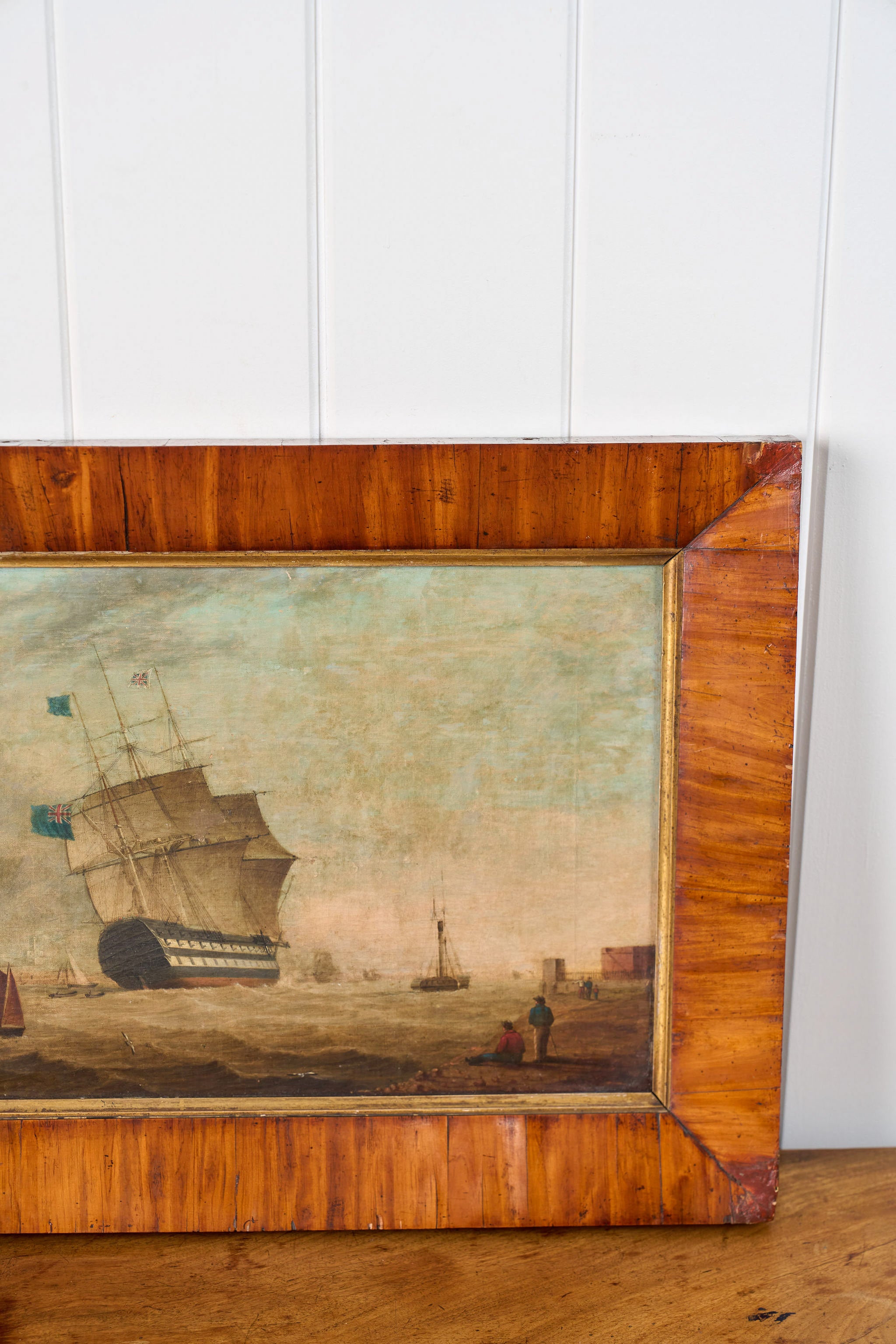19th Century Original English Ship Oil In Original Maple Frame
